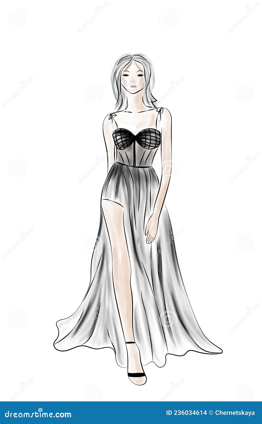 Beautiful young woman in blue evening dress. hand drawn fashion • wall  stickers young, woman, white | myloview.com