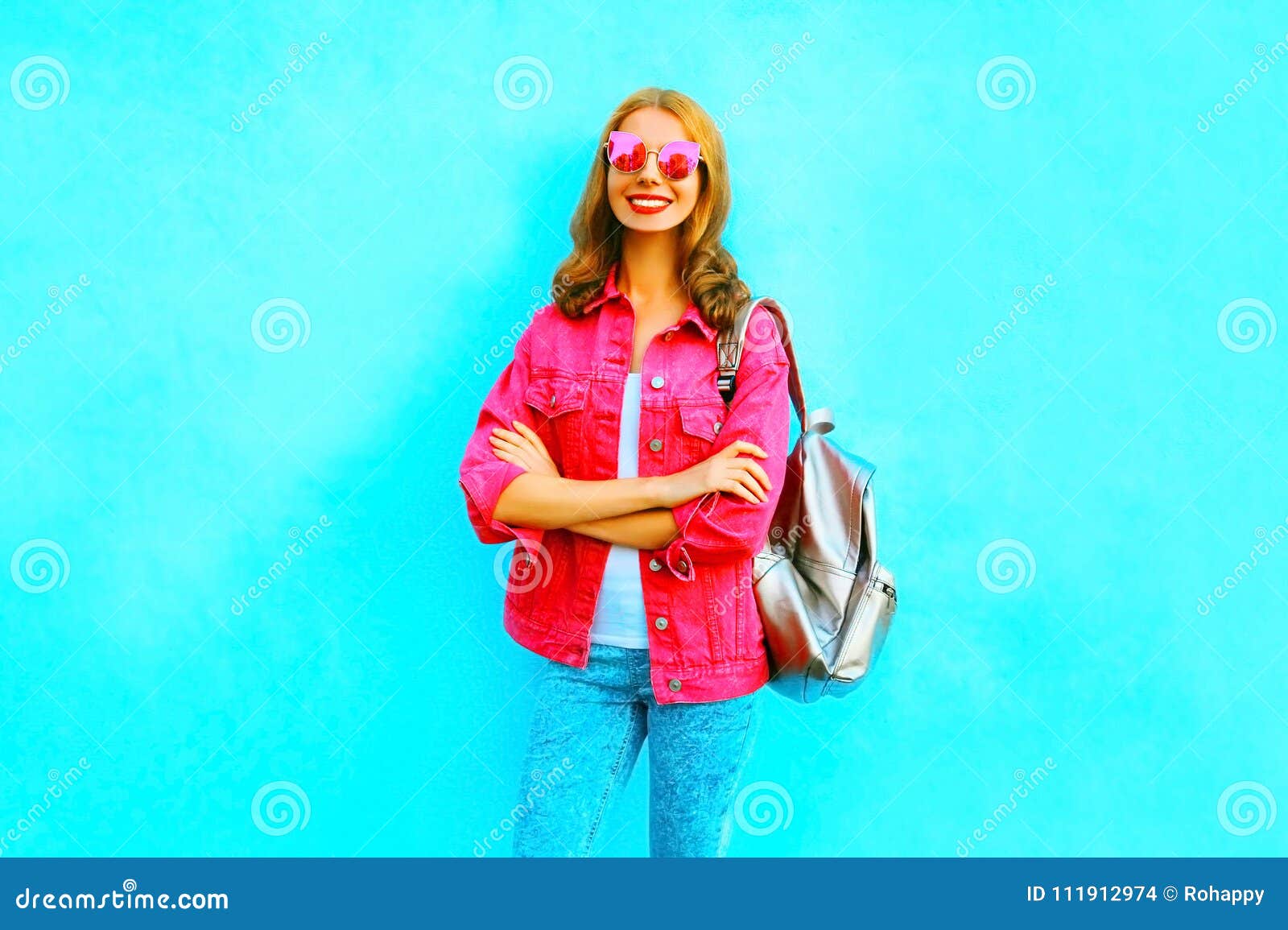 Fashion Smiling Woman in Pink Denim Jacket on Blue Backgroun Stock ...