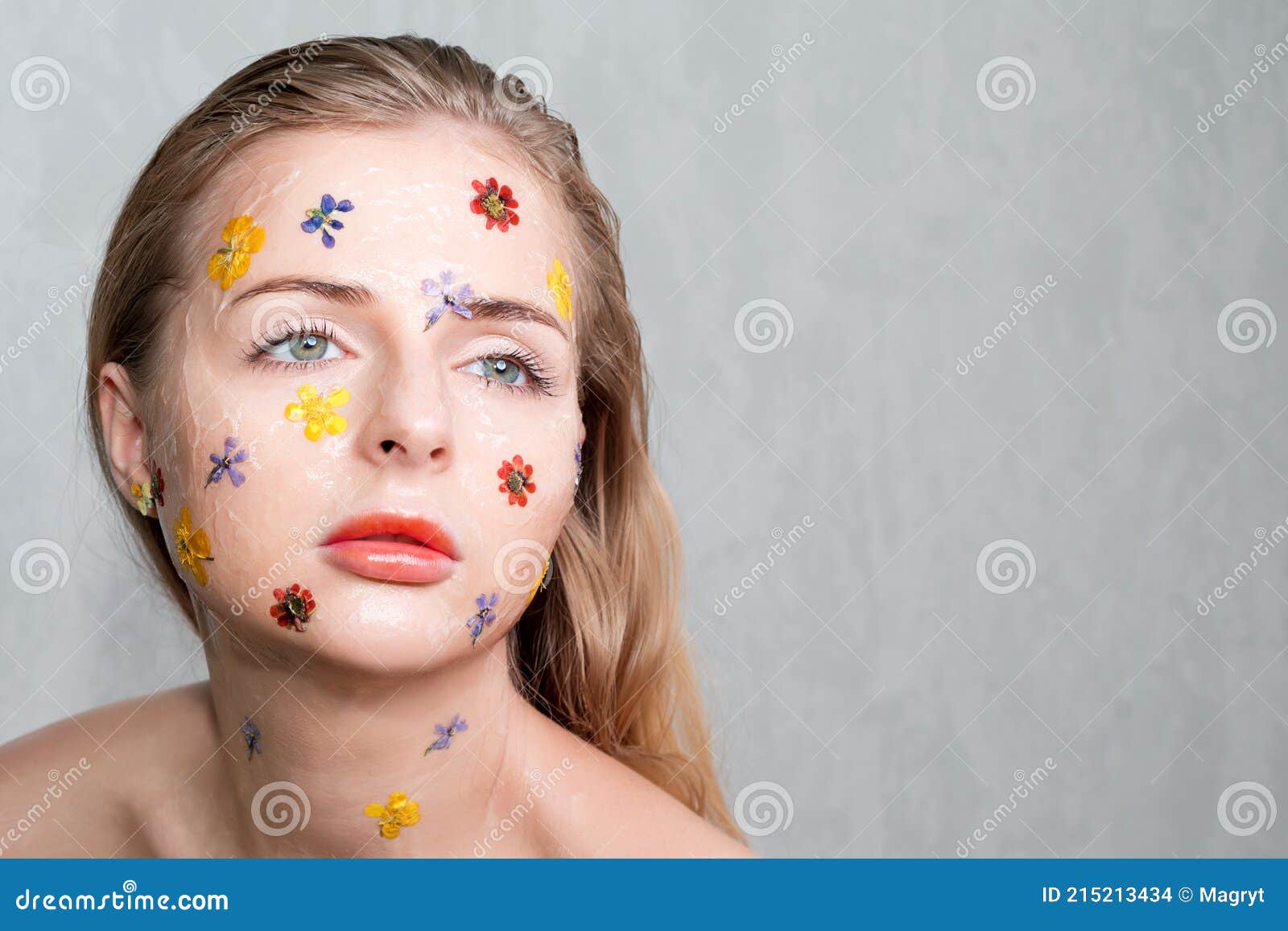 Fashion Studio Portrait Of Nude Elegant Lady With Flowers And