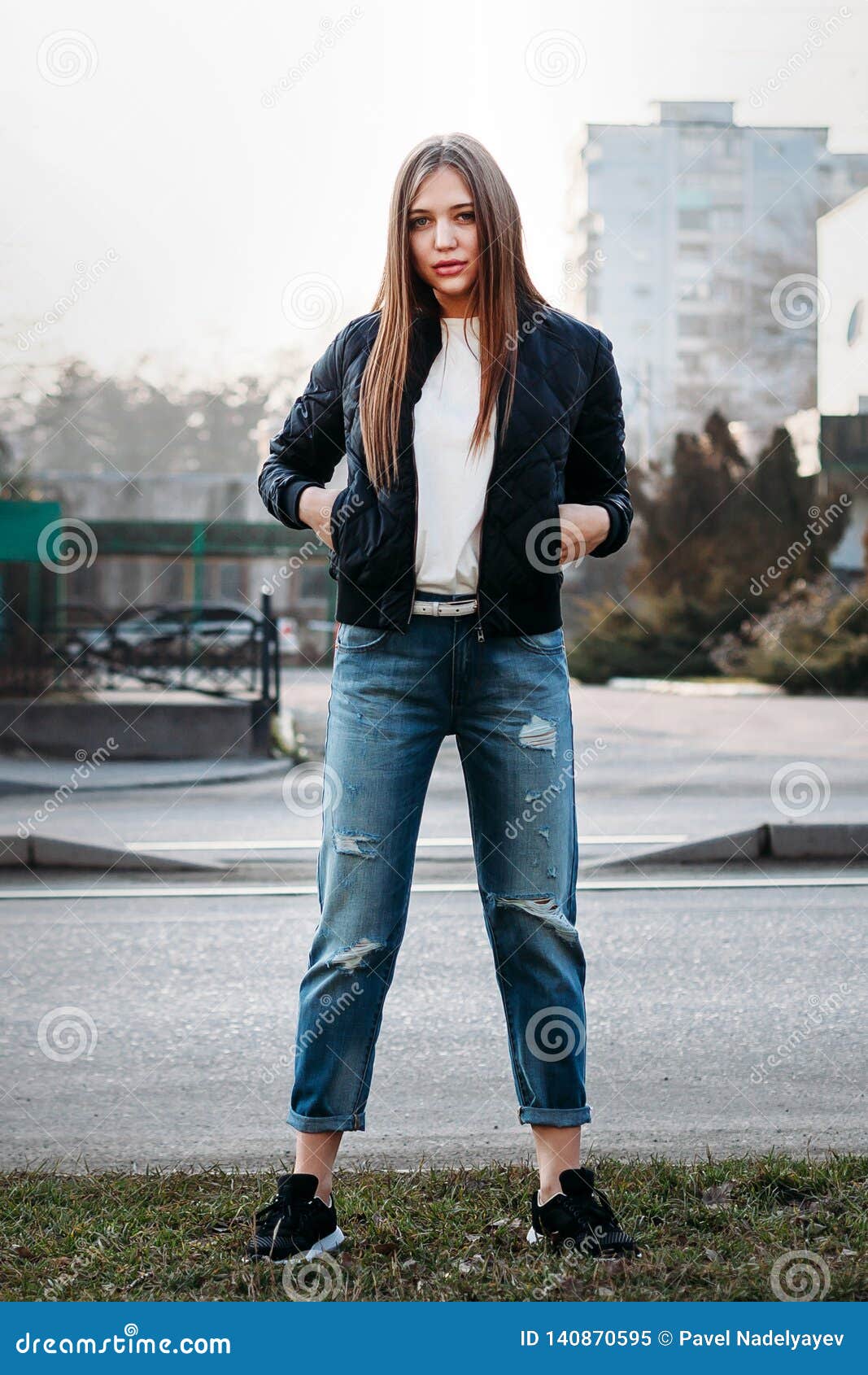 Fashion Style Portrait of Young Trendy Girl Posing Along Street Stock ...