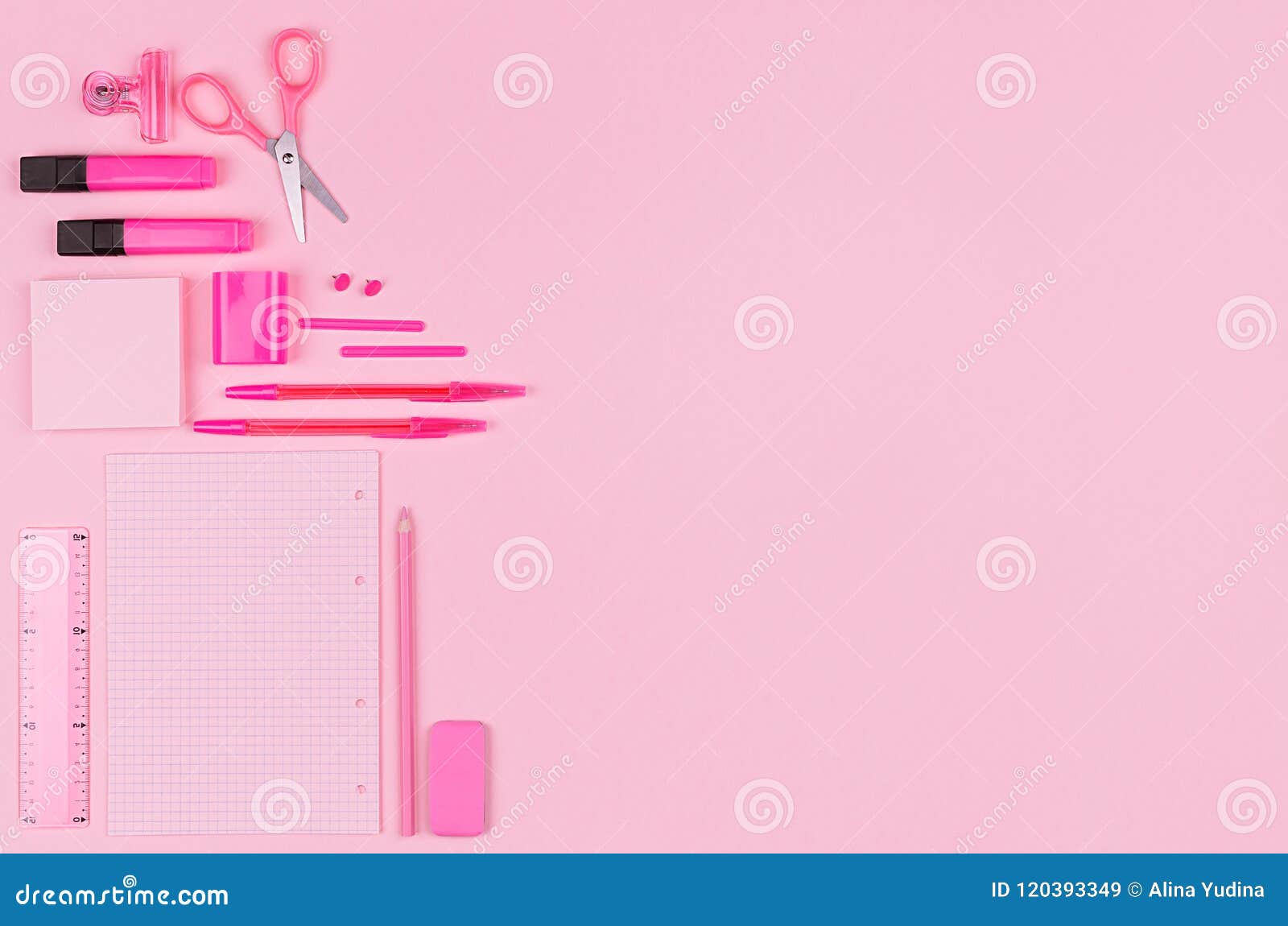 Fashion Stylish Workplace Neon Pink Office Stationery Collection Pastel Background Top View Copy Space Fashion Stylish 120393349 