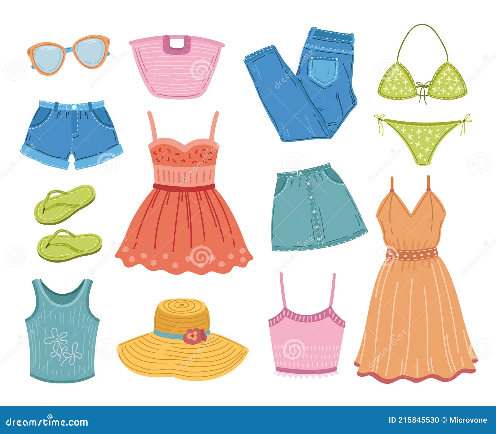 Fashion Summer Clothes. Clothing Clipart, Flat Dress Swimsuit Textile ...