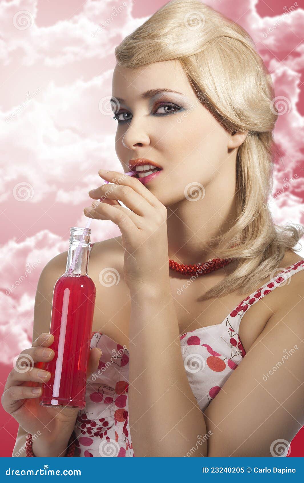 Fashion Summer Girl Drinking, She Drinks Red Drink Royalty Fashion Summer Girl Drinking, She Drinks Red Drink Royalty