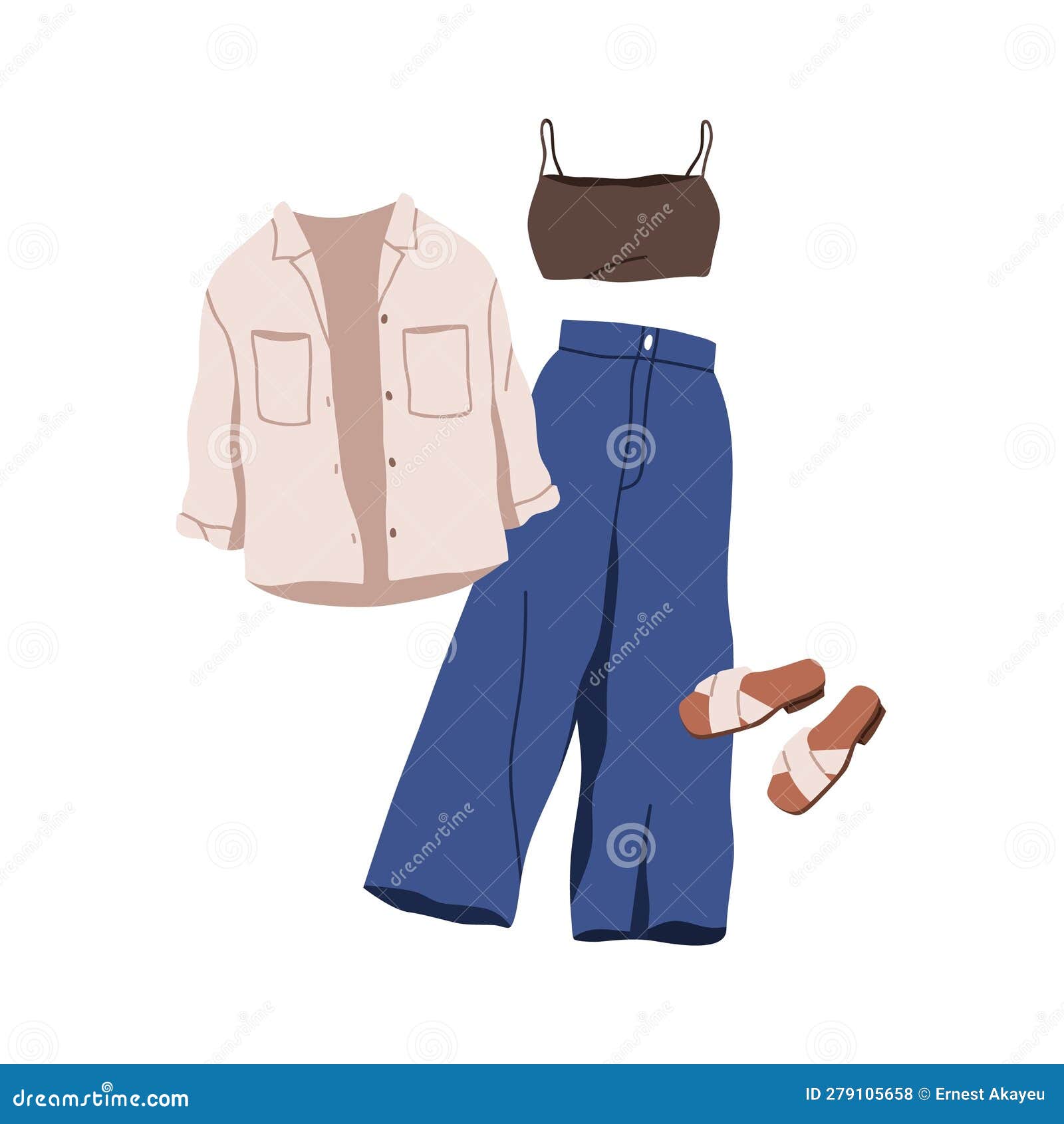 Set of clothes, accessories for man and woman. Vector illustrations of  garment from wardrobe. Cartoon pants jeans shirt dress isolated on white.  Accessory, clothing in casual fashion style concept Stock Vector