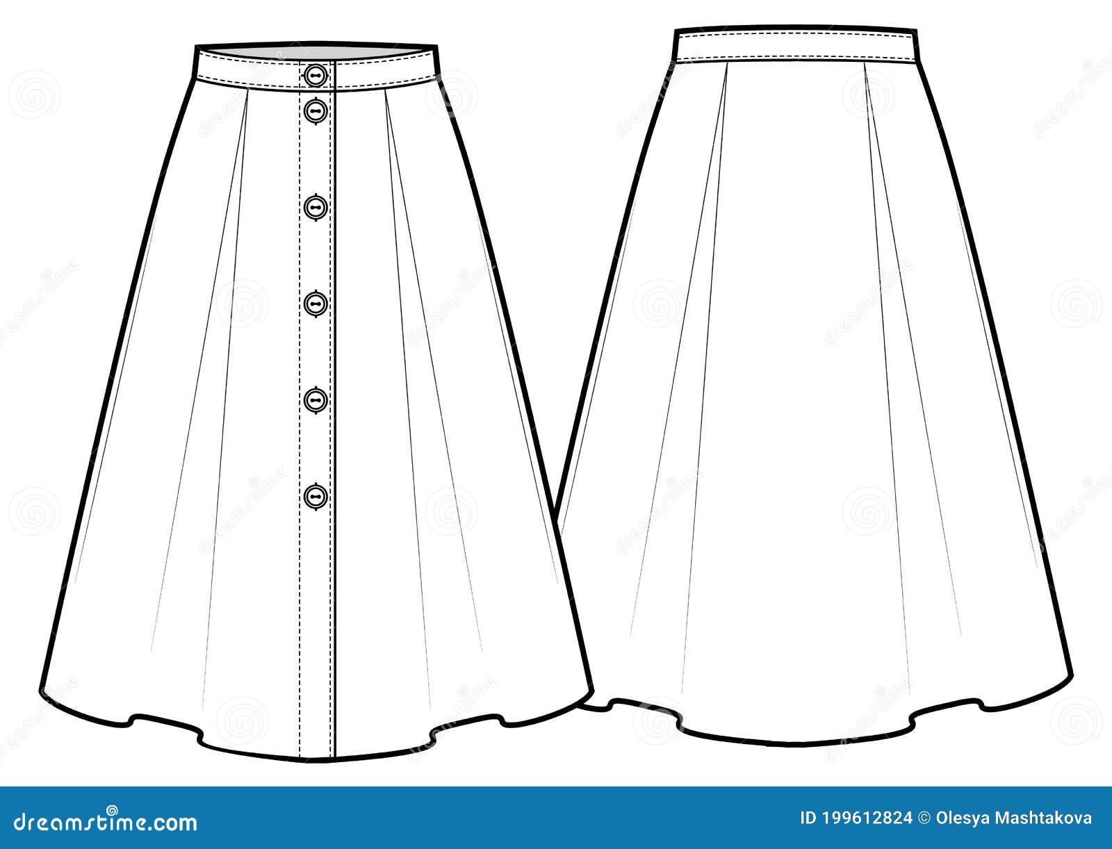 Fashion Technical Drawing of Midi Skirt with Buttons on Front Stock ...