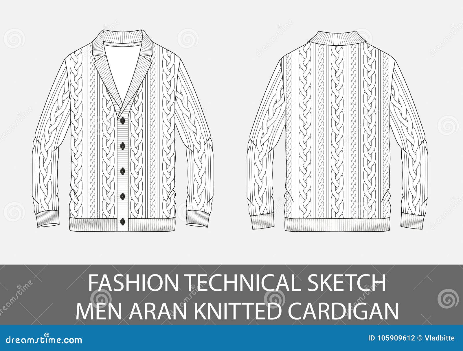 fashion technical sketch men knit aran single-breasted cardigan