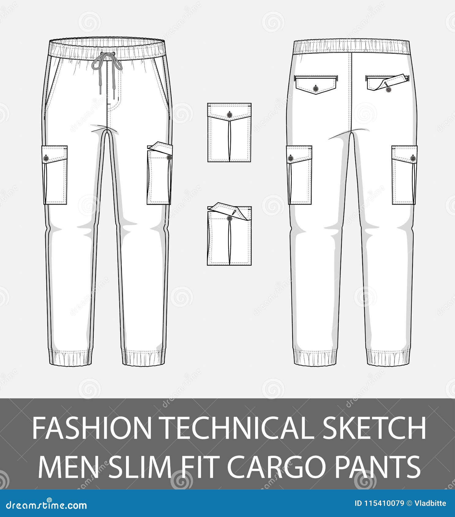 Fashion Technical Sketch Men Slim Fit Cargo Pants With 2 Patch Pockets