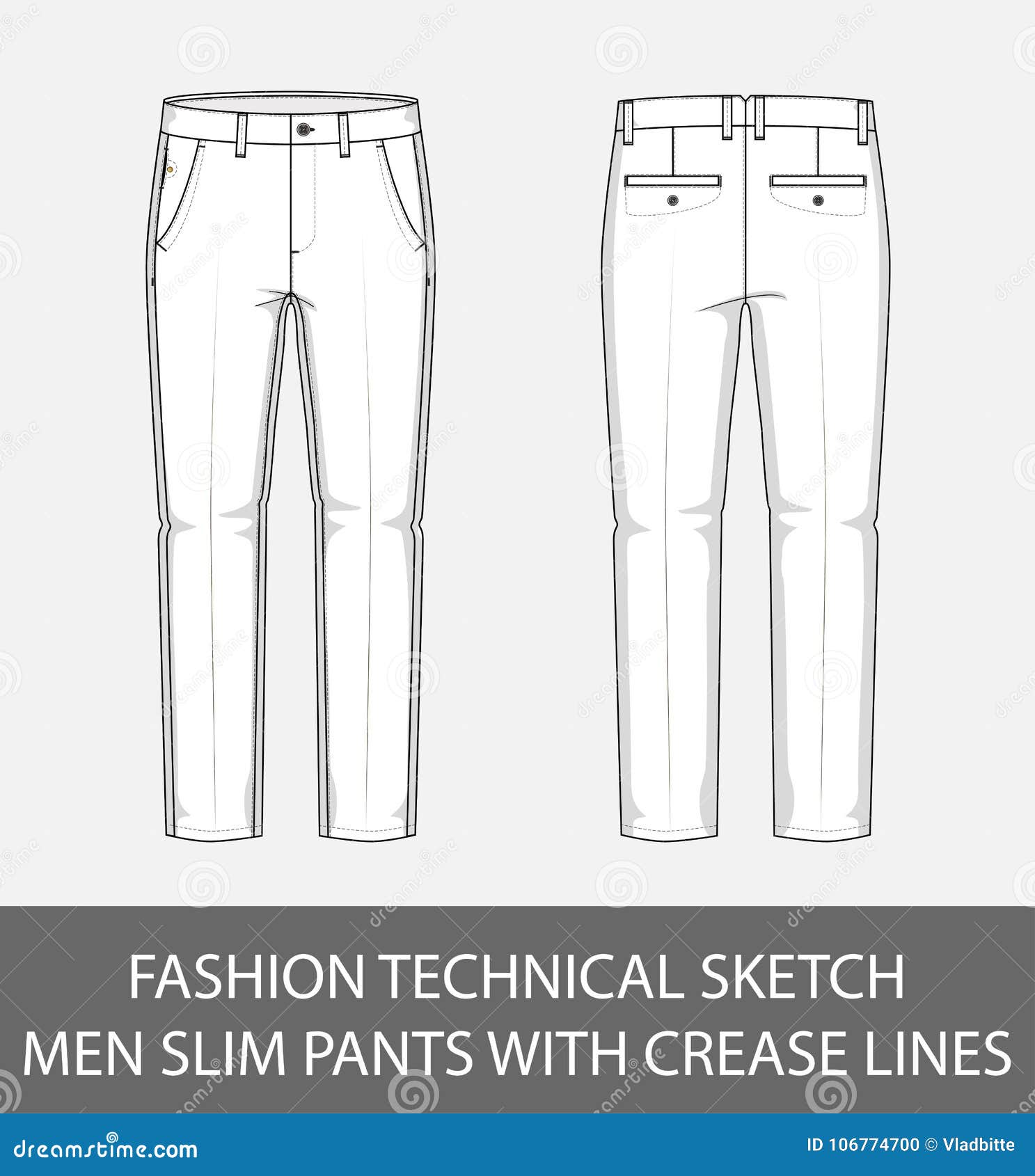 fashion technical sketch men slim fit pants with crease lines
