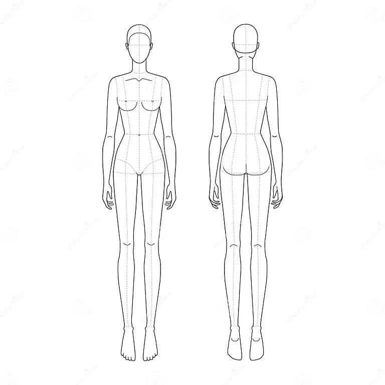 Fashion Template 9 Head for Technical Drawing with Main Lines. Stock ...