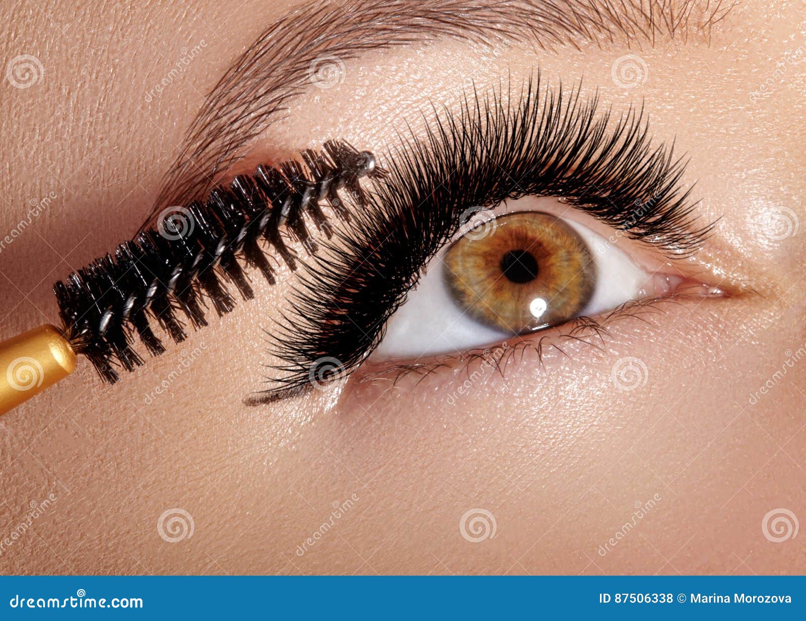 fashion woman applying eyeshadow, mascara on eyelid, eyelash and eyebrow using makeup brush. professional make-up artist
