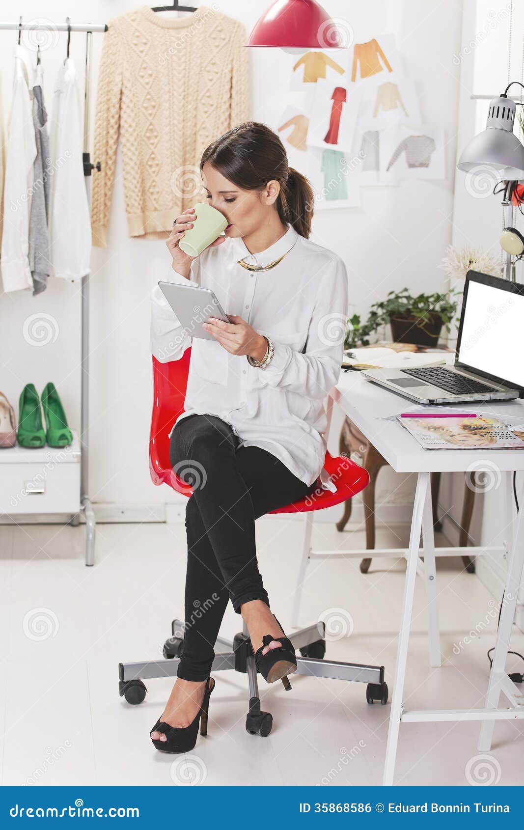 Fashion Woman Blogger Working In A Creative Workspace With ...