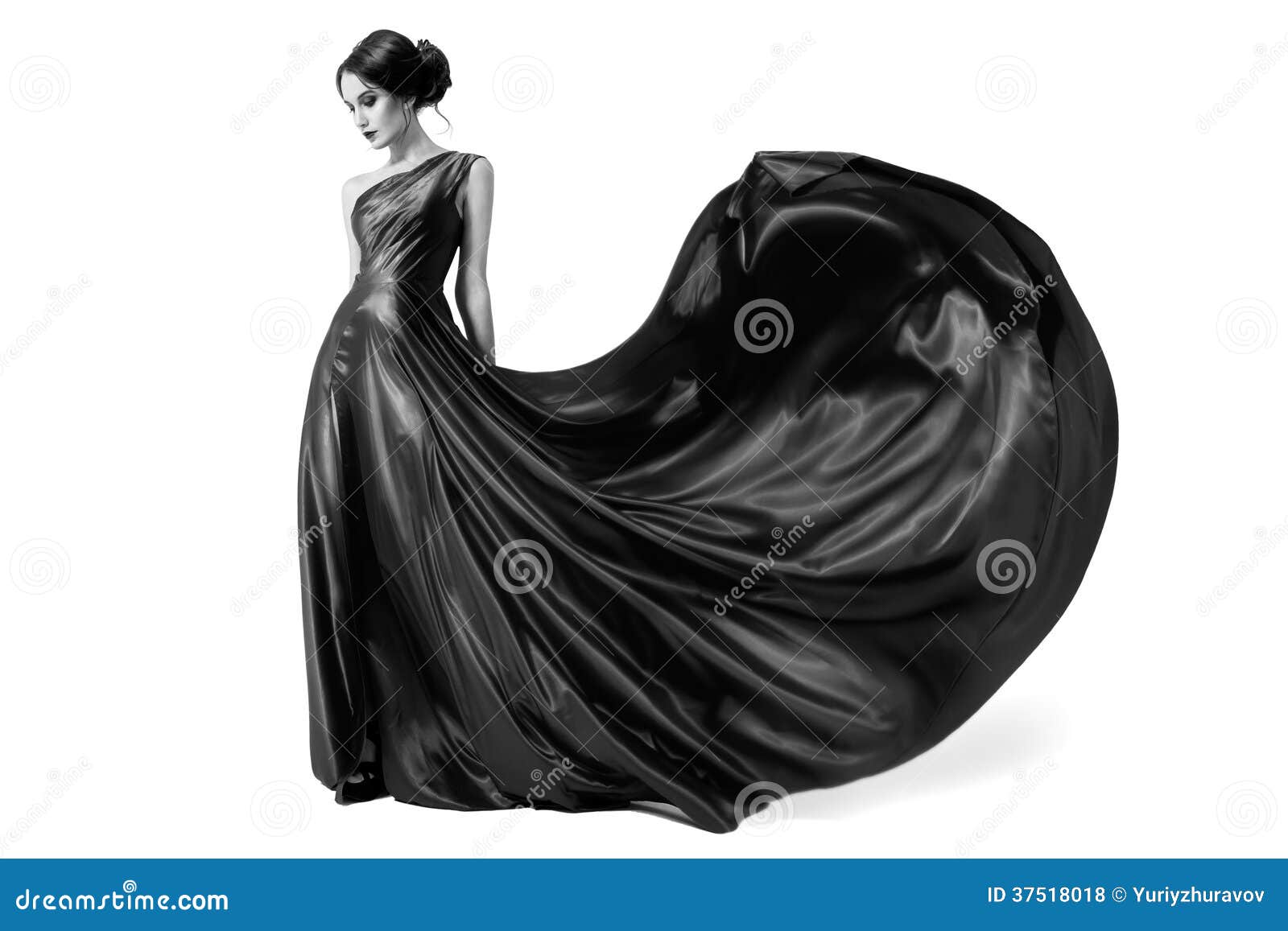 fashion woman in fluttering dress. bw image. 