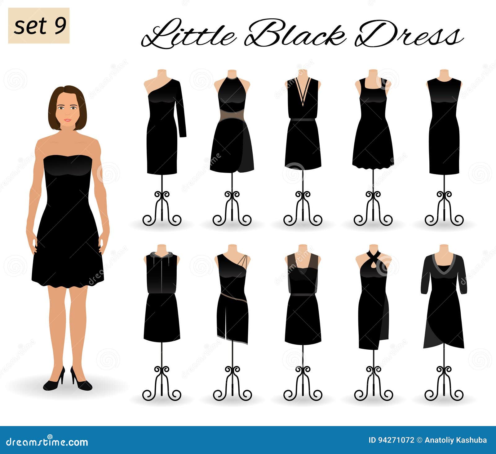 Fashion Woman in Little Black Dress. Set of Cocktail Dresses on a ...