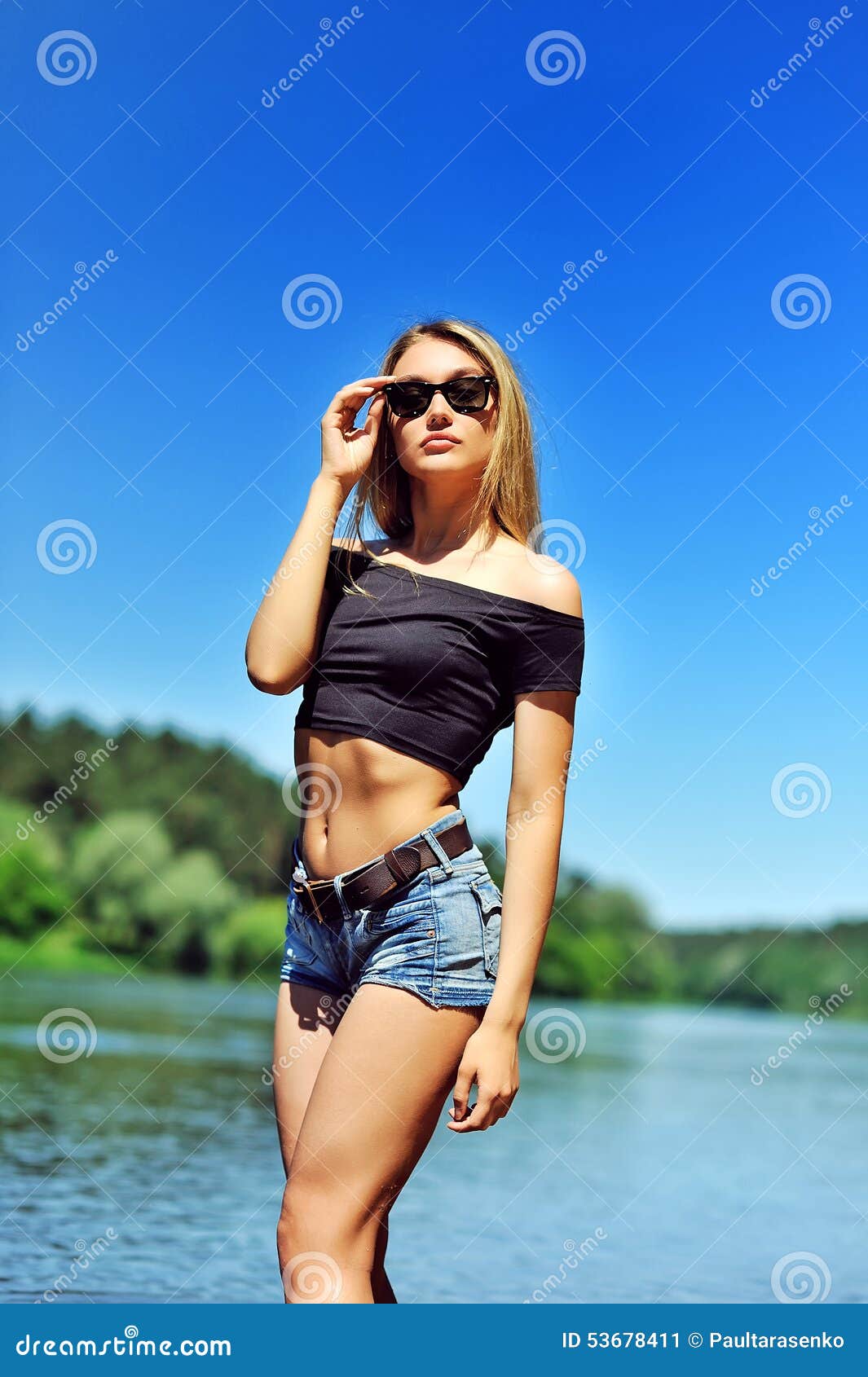 Fashion Woman Posing Over Blue Sky Stock Image - Image of lady, jeans ...