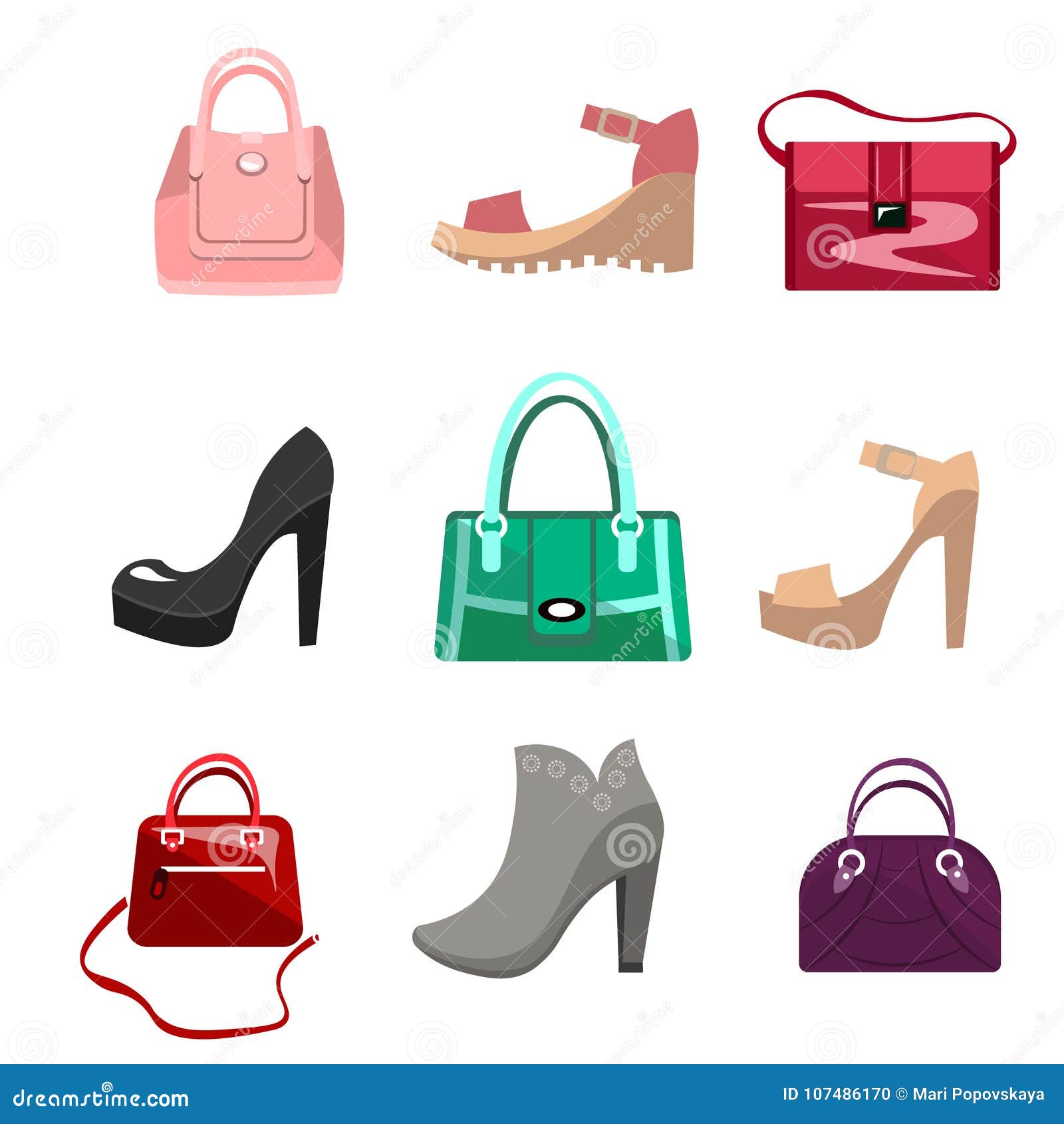 Fashion Women Bags and Shoes Stock Vector - Illustration of colored ...