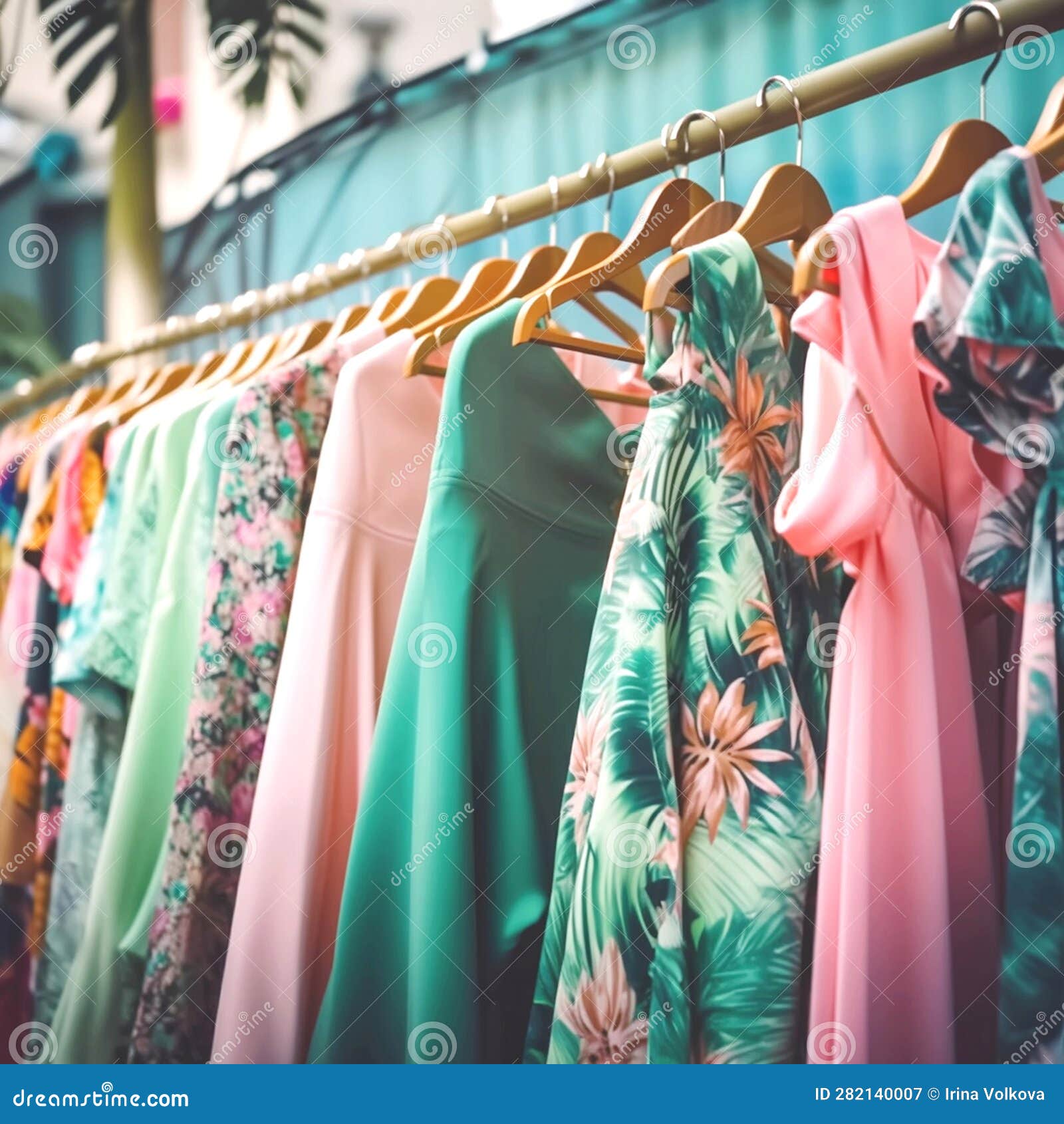 https://thumbs.dreamstime.com/z/fashion-women-s-summer-clothing-sale-pink-green-tropical-fabric-beach-casual-dresses-hanging-row-shopping-center-282140007.jpg