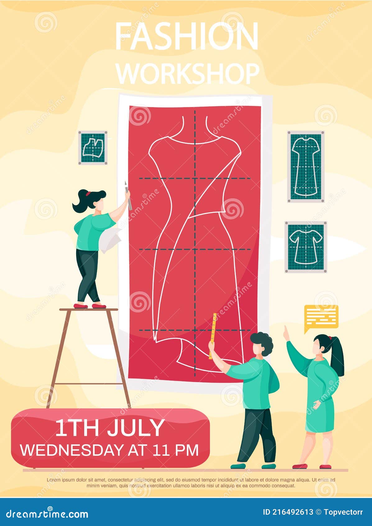 Fashion Workshop Concept Poster. Designers Drawing Pattern for Sewing ...