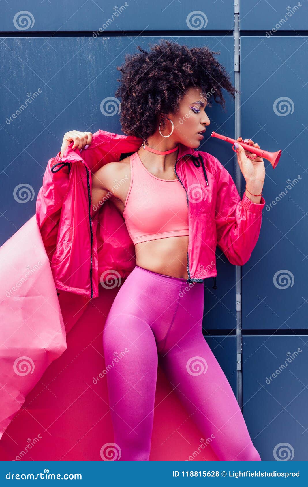 Fashionable African American Girl with Horn Posing in 80s Style Clothes  Stock Photo - Image of afro, black: 118815628