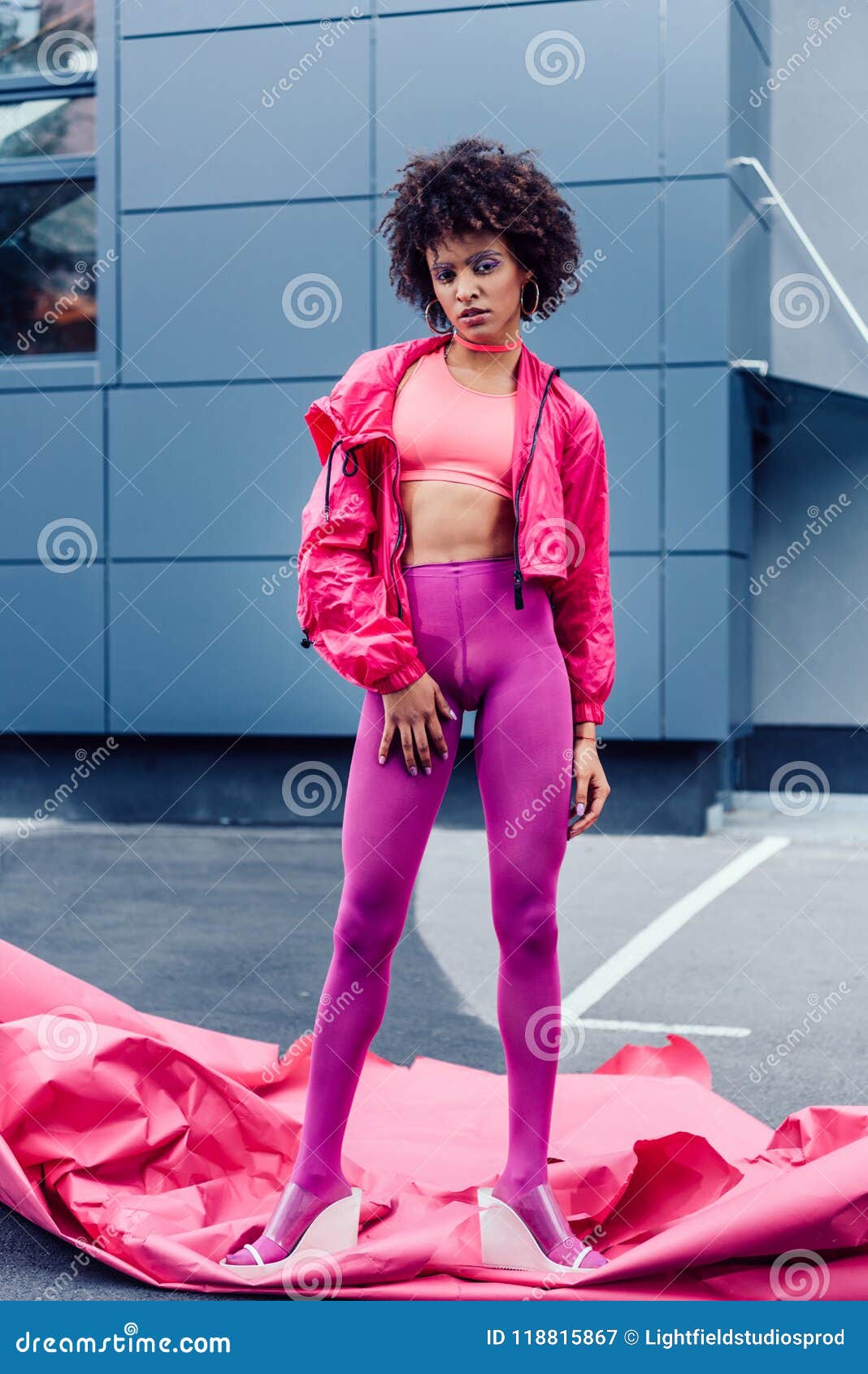 Fashionable African American Girl Posing In 80s Style Clothes Stock