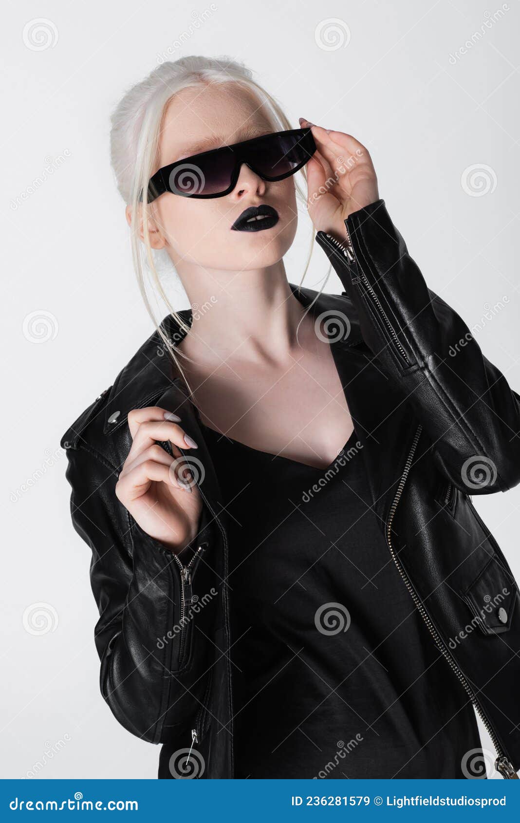 Fashionable Albino Model in Leather Jacket Stock Image - Image of black ...