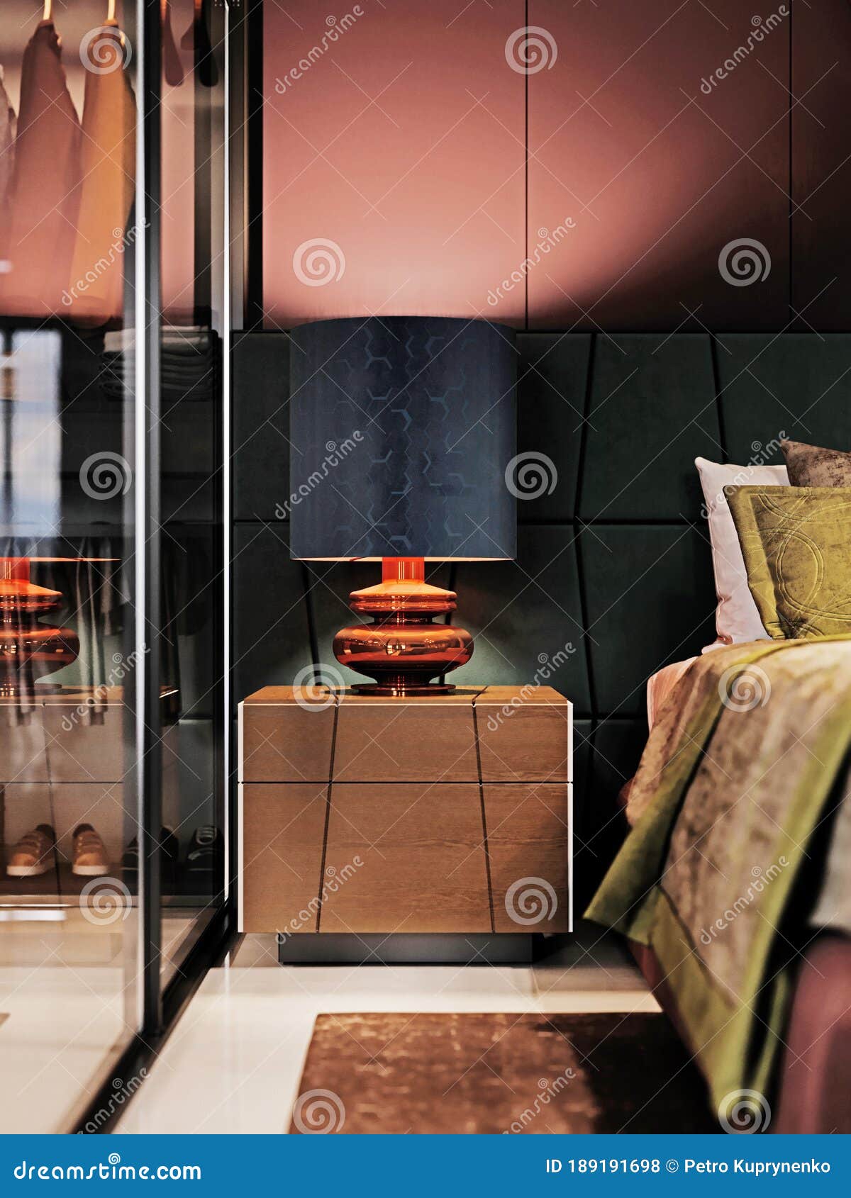 Fashionable Bedside Table with the Lamp on Next To the Bed, Evening