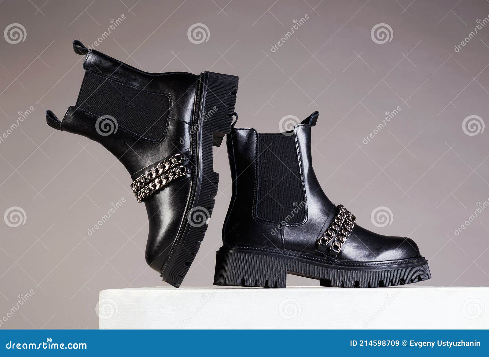 Fashionable Black Chelsea Shoes with Chain. Boots Still Life Stock ...