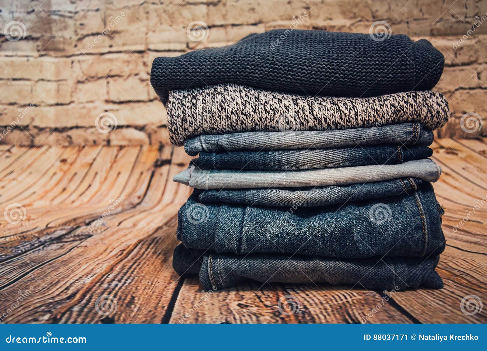 Fashionable Clothes. Pile of Jeans Stock Image - Image of fabric ...