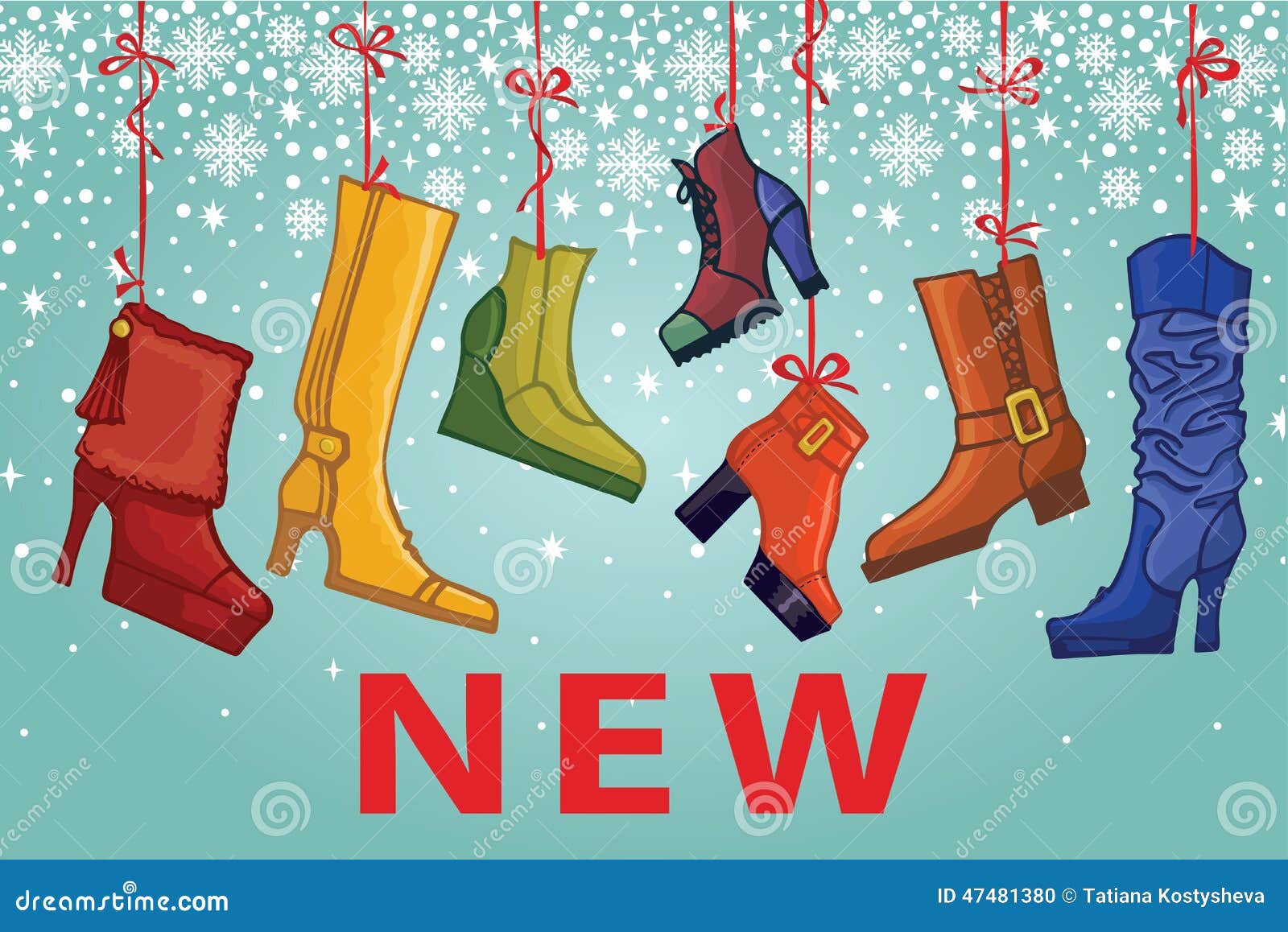 Fashionable colored women s boots,shoes.New. Set of Colorful fashion women s high heel shoes,boots hang on ribbons.Casual and festive isolated shoes.Design template fornew collection on Snowflakes background.Autumn,winter,spring Fashion illustration,vector.