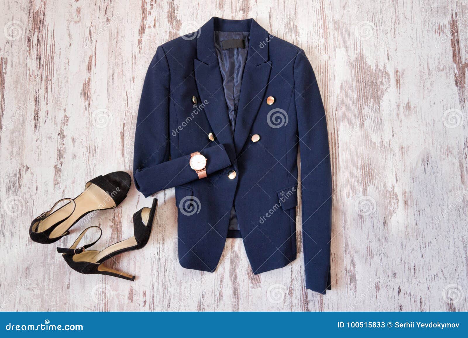 Fashionable Concept. Classic Blue Jacket, Watch and Black Shoes Stock ...