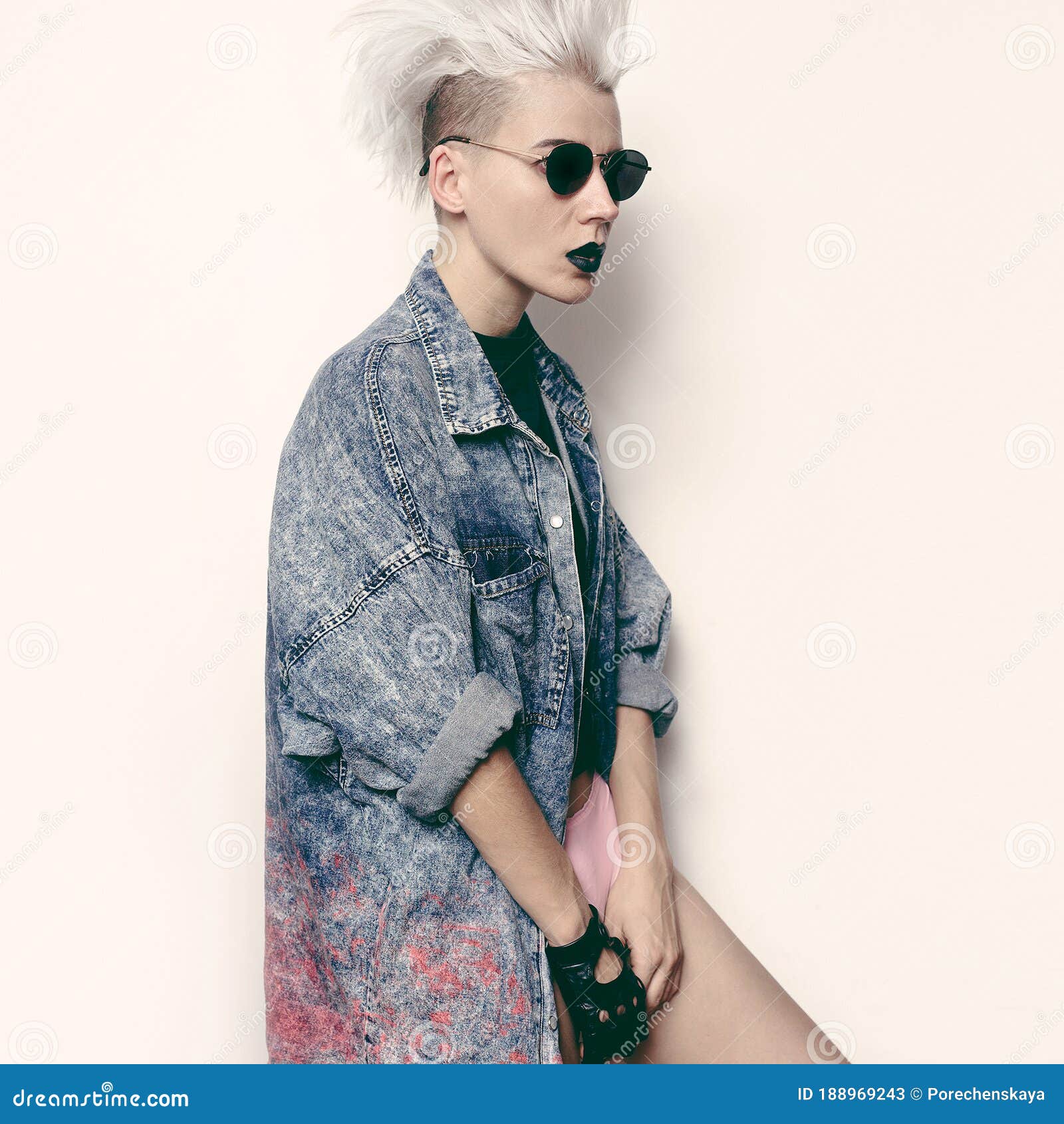 Fashionable Denim Shirt. Stylish Blonde with Short Hair. Trend Makeup ...