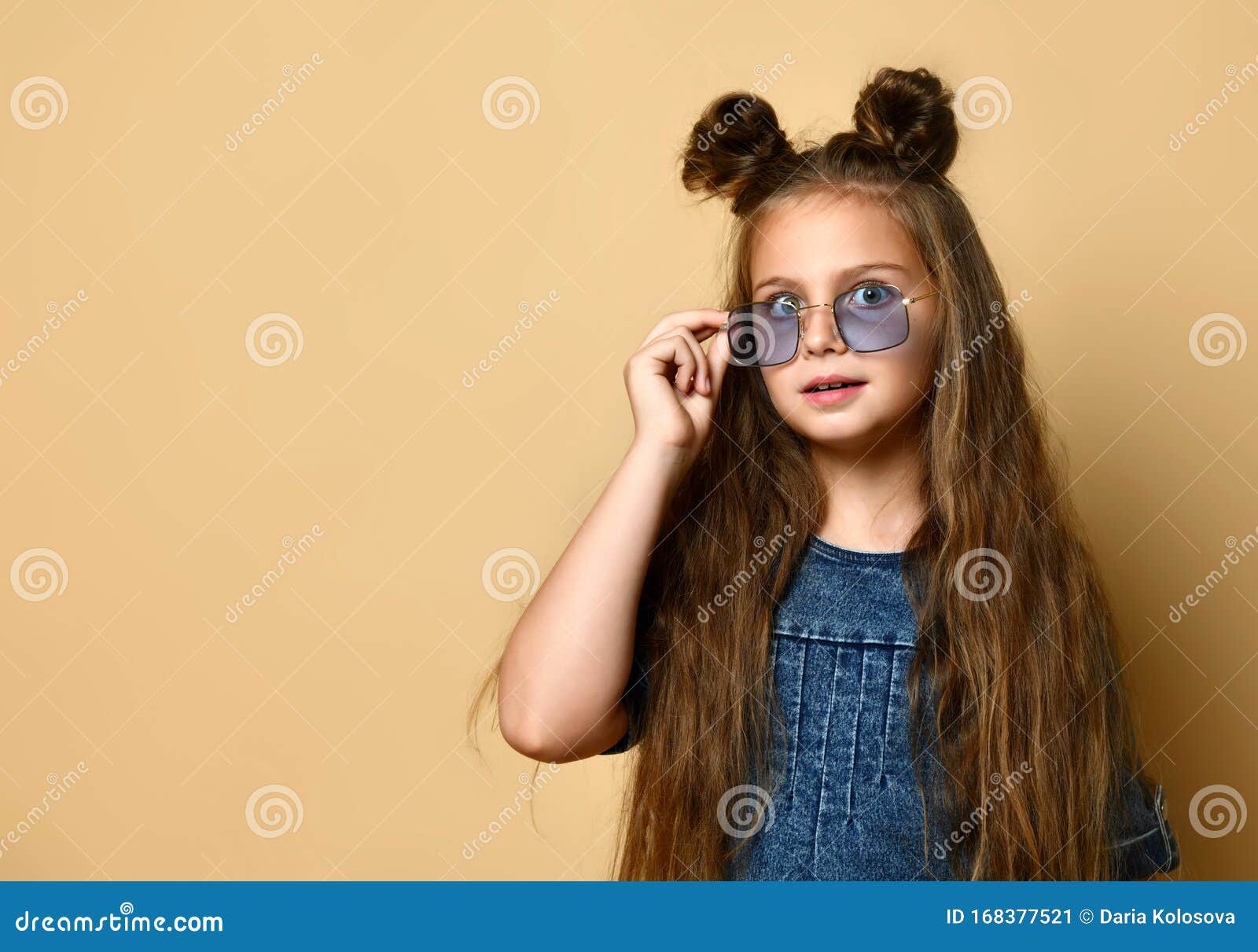 Cute Girl in Jeans Sundress and Sunglasses Posing on Camera. Stock Image -  Image of emotion, jeans: 168377521