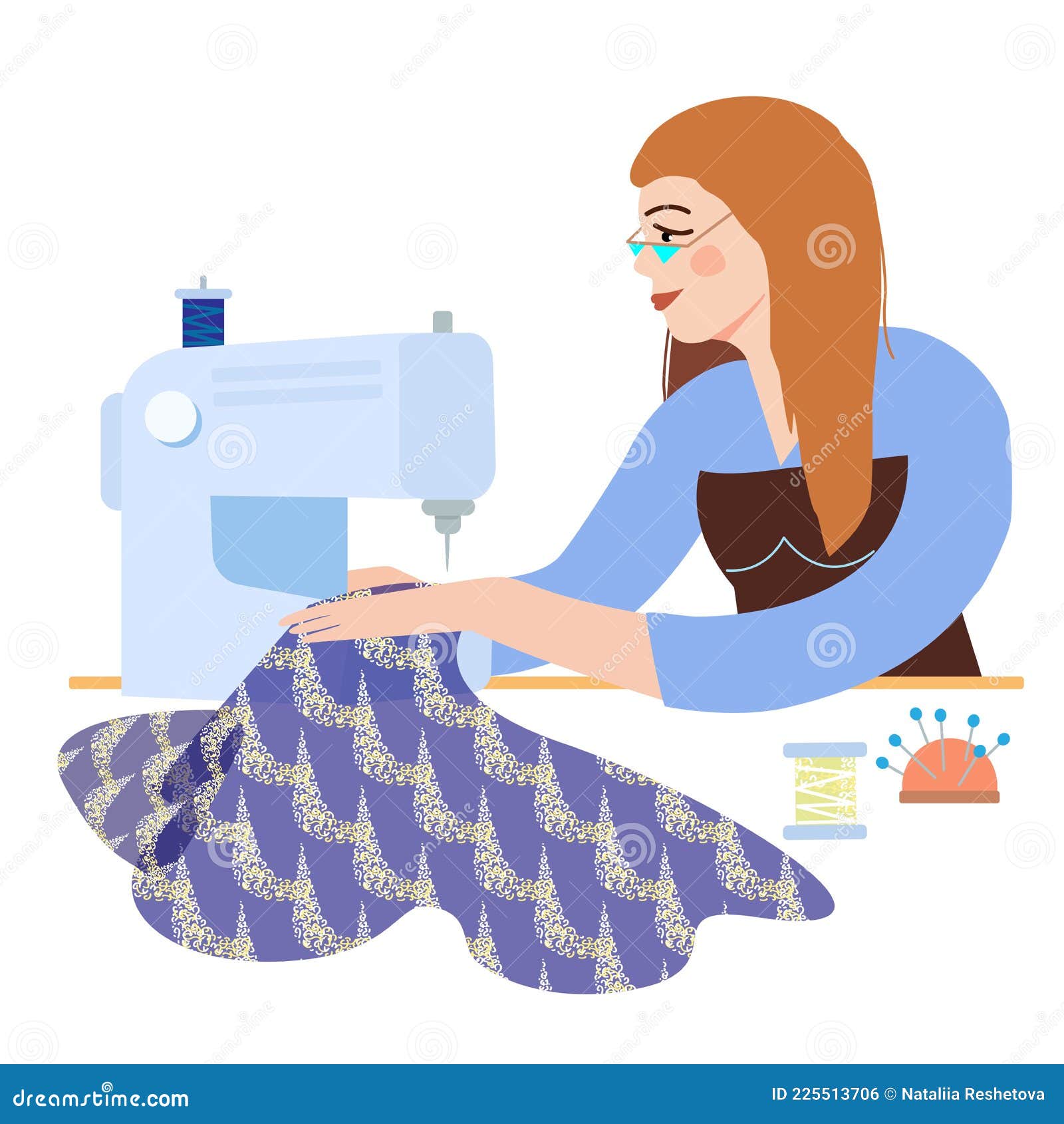 Fashionable Girl Seamstress Dressmaker Sews a Stylish Dress on a