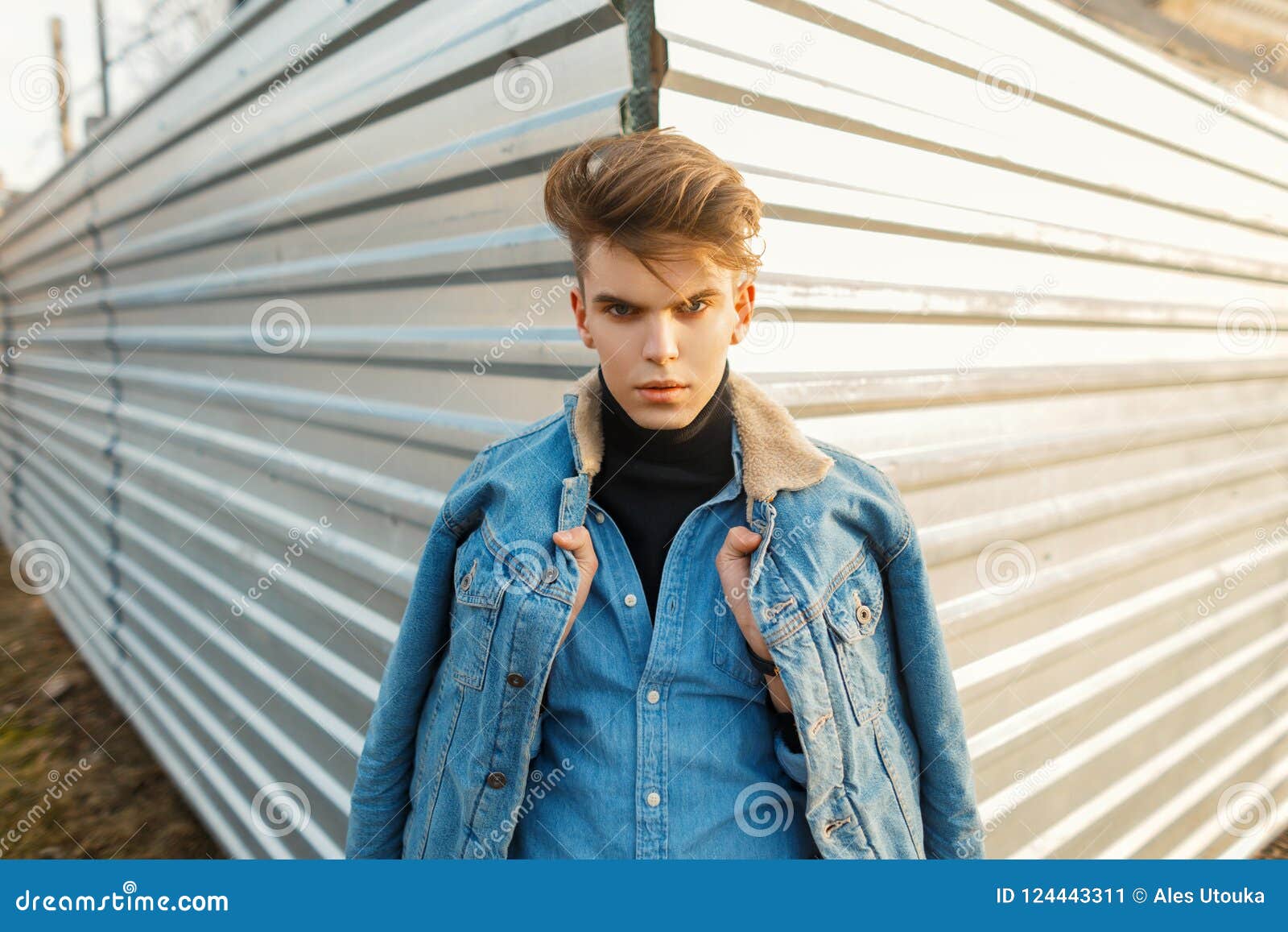 Fashionable Handsome Male Model with Hairstyle in Denim Fashion Stock Image  - Image of male, background: 124443311