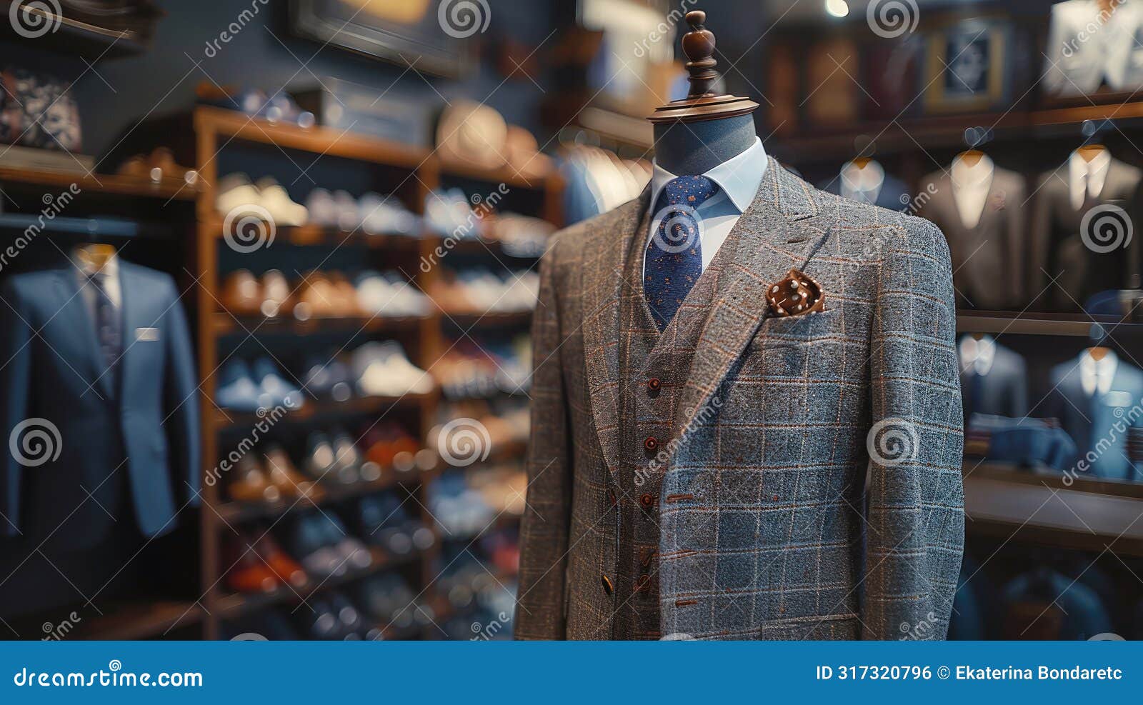 fashionable mannequin demonstrating a classic men's suit in a respectable showroom, store, tailoring studio.