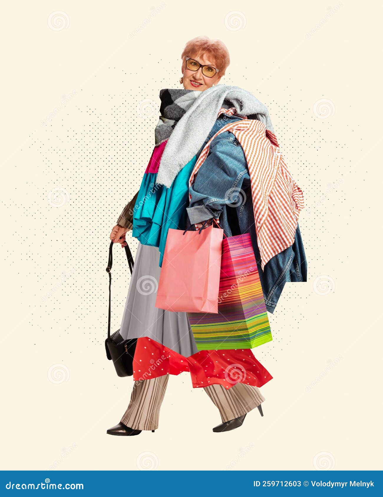 Fashionable Middle Age Woman Wearing a Lot of Diverse Clothes Over