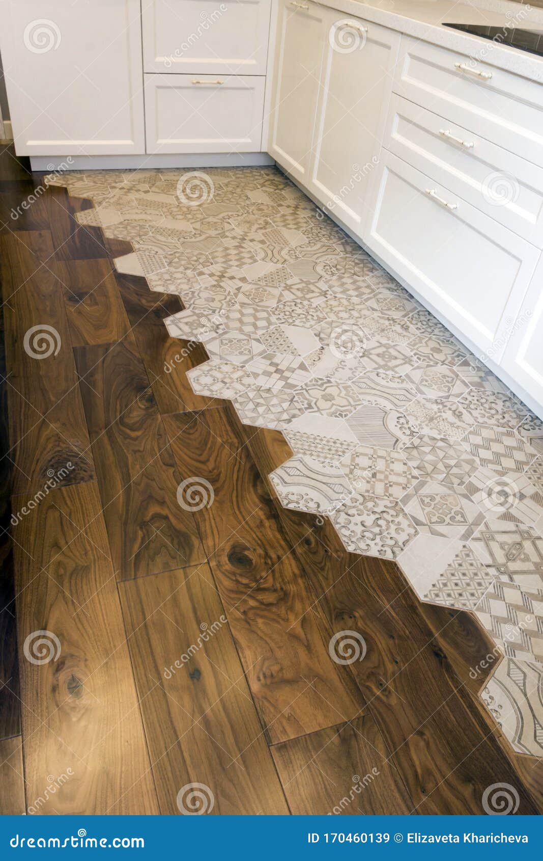 Fashionable Mix Of Tile And Parquet In The Kitchen Curved Joint Of Ceramic Tiles And Wooden Floor Stock Image Image Of Fashionable Laconic 170460139