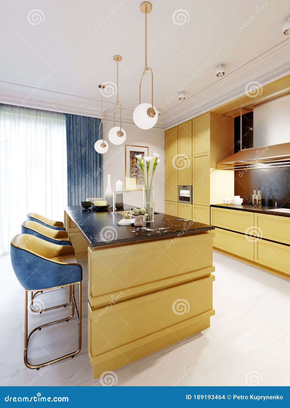 Fashionable And Modern Kitchen In Yellow With A Kitchen Island And Bar Stools Inter In Blue And Yellow Stock Illustration Illustration Of Contemporary Bright 189193464