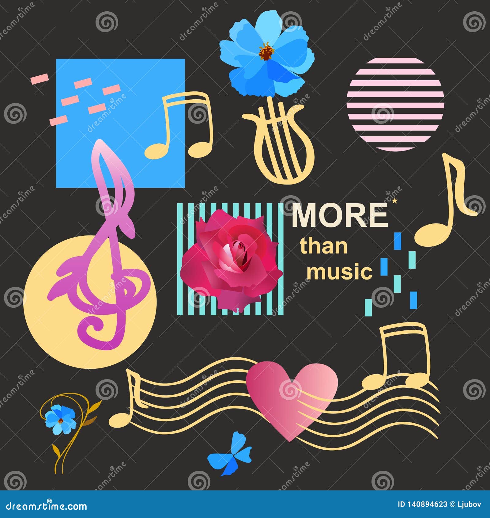 fashionable musical background with treble and bass clefs, musical notes, lyre, abstract geometric figures, garden flowers