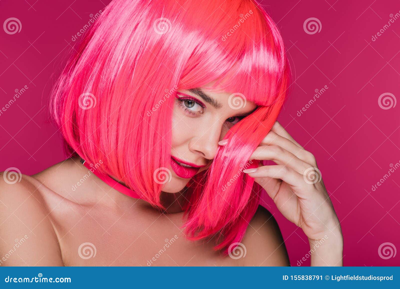 Fashionable Naked Girl Posing In Neon Pink Wig Isolated Stock Image 