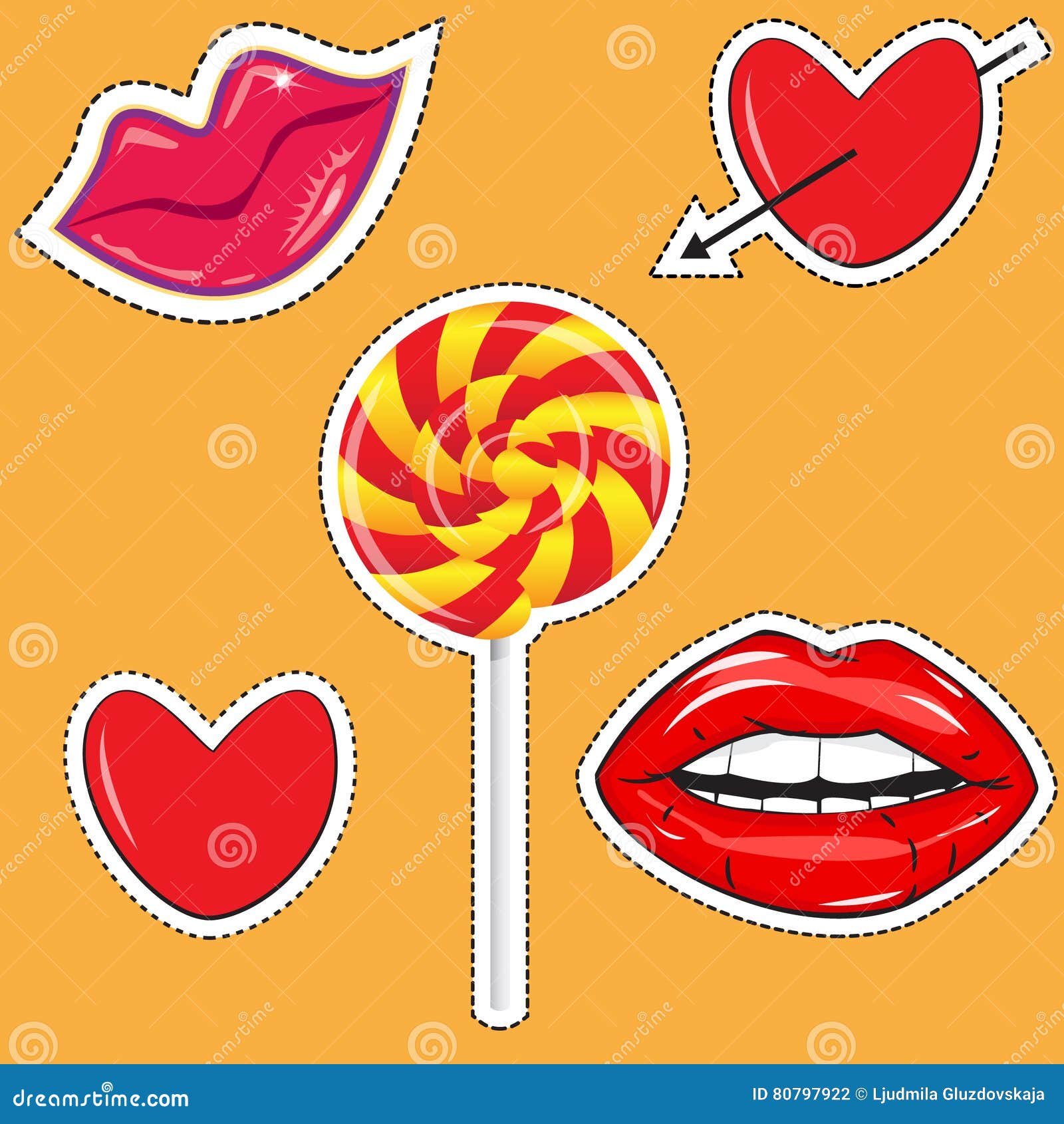 Fashionable stickers with the image of hearts, bright lips and sweet caramel, Vector illustration on white background. Set of stickers, pins, patches in the cartoon of the 80s-90s comic style.