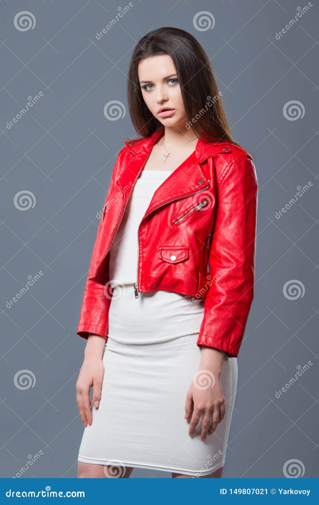 Fashionable Style, Fashion Women`s Clothing, Color Combination. Beautiful  Brunette Girl in White Dress and Red Leather Jacket Stock Image - Image of  gorgeous, lipstick: 149807021