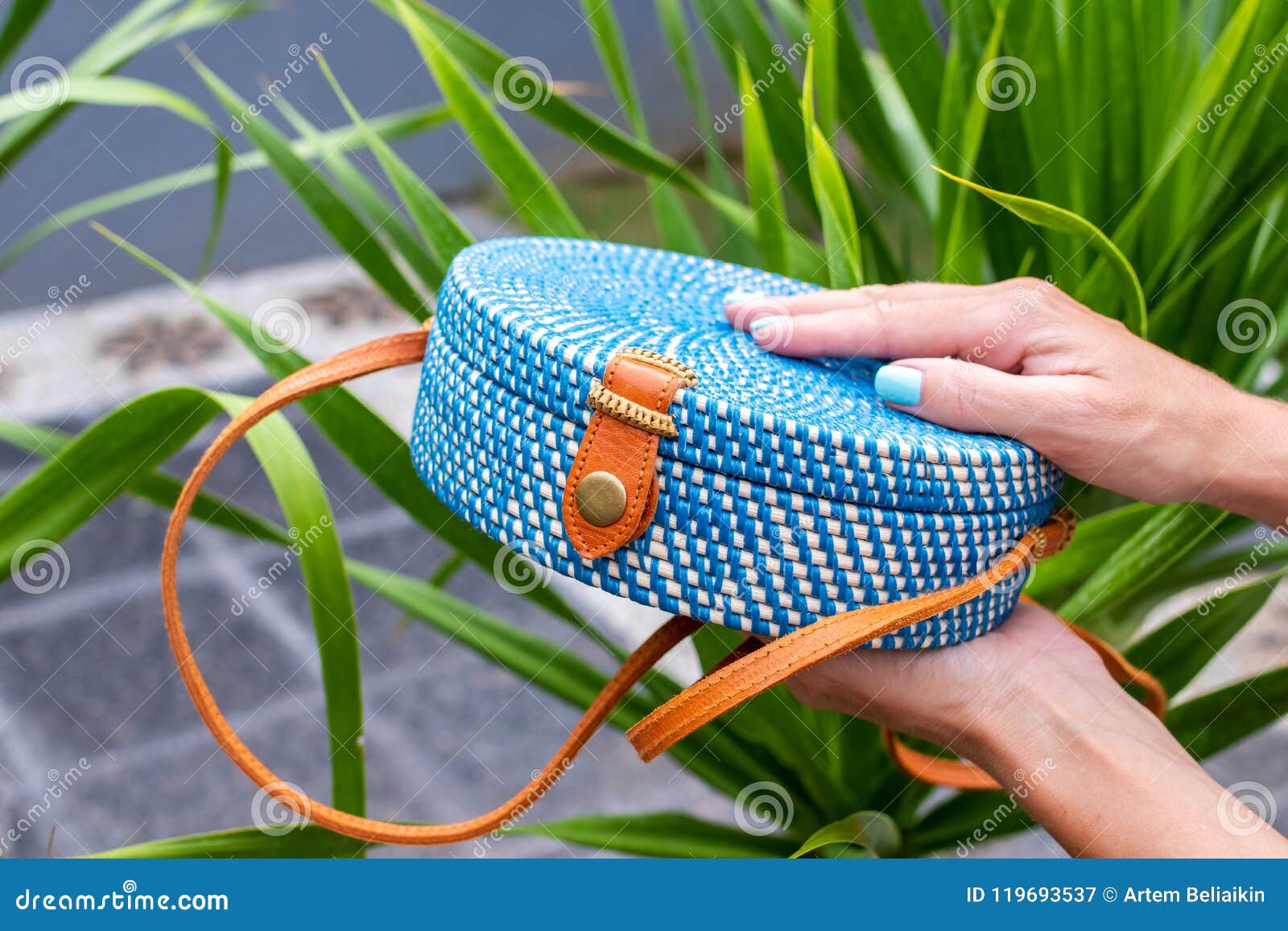 Fashionable Stylish Rattan Bag on a Tropical Background. Tropical ...