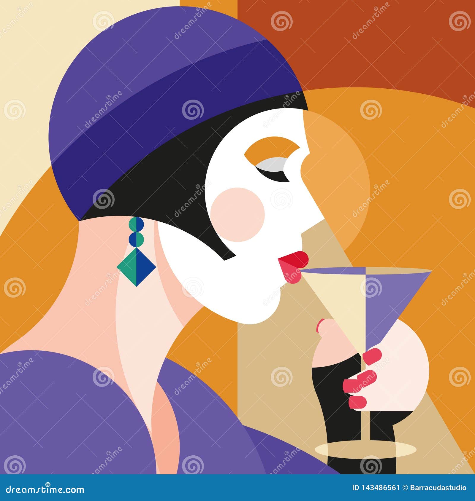 fashionable stylish woman drinking wine. modernist style woman in a hat with stylish headdress. modernism style art.