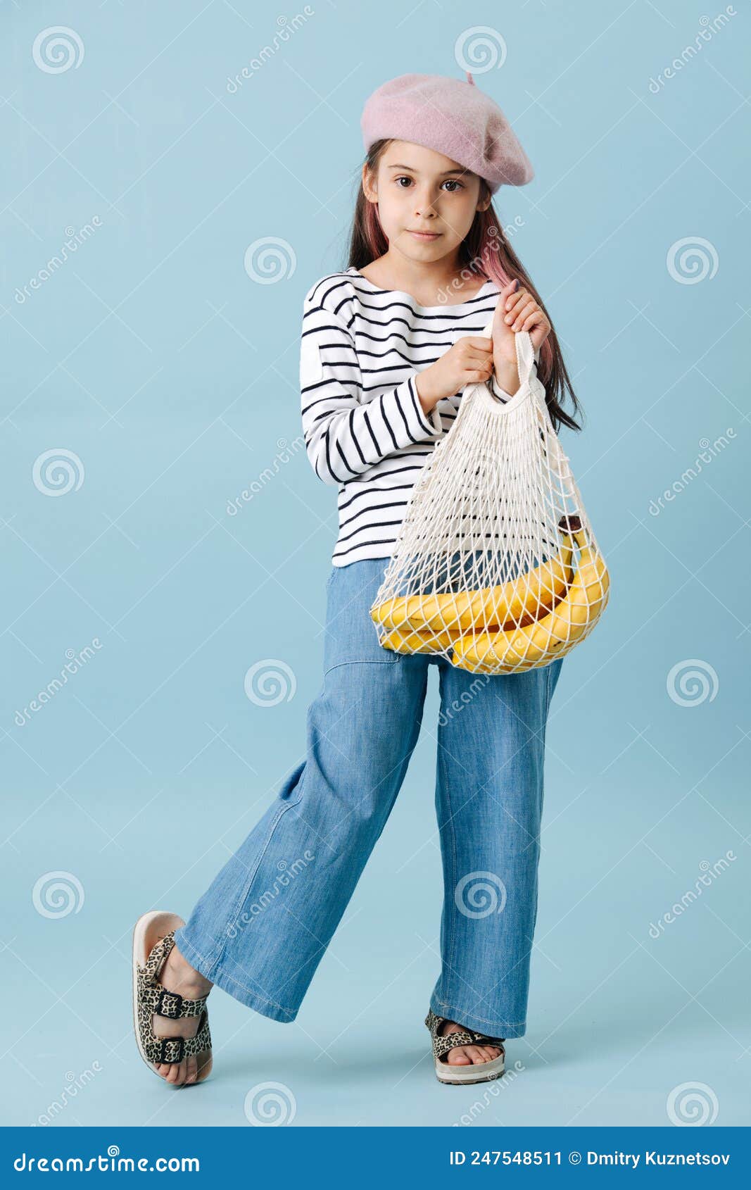 Fashionable Tween Girl In French Beret Holding Net Bag With Bananas Stock Image Image Of 