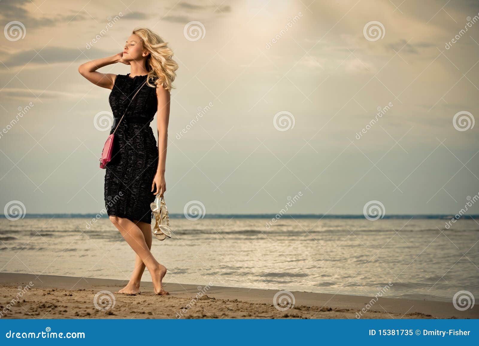 fashionable woman on beach.