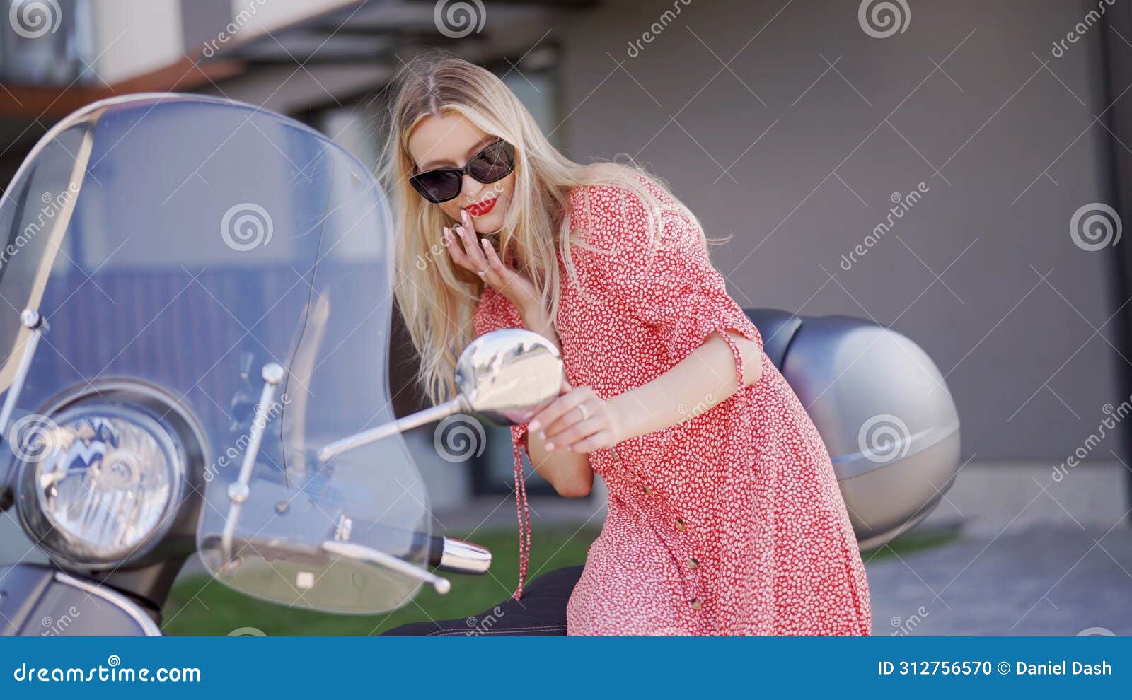 fashionable woman leaning on a vintage scooter outdoors