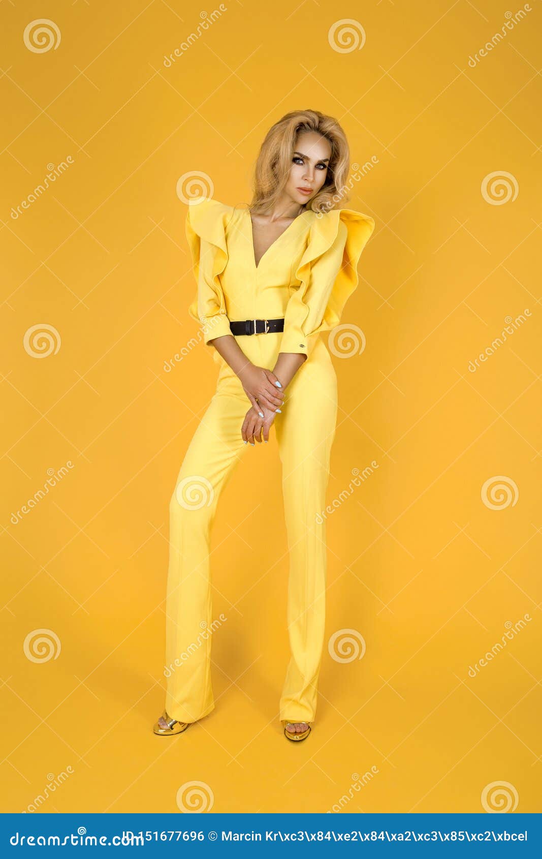 Fashionable Woman in Nice Yellow Jumpsuit, Shoes and Accessories ...