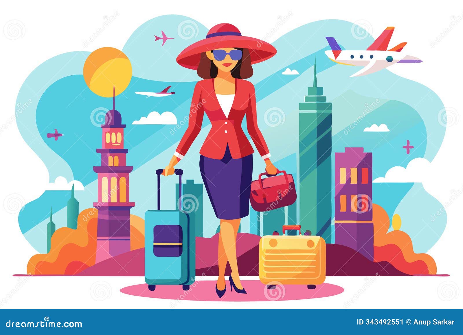 stylish woman traveler with suitcases and cityscape vibrant travel 