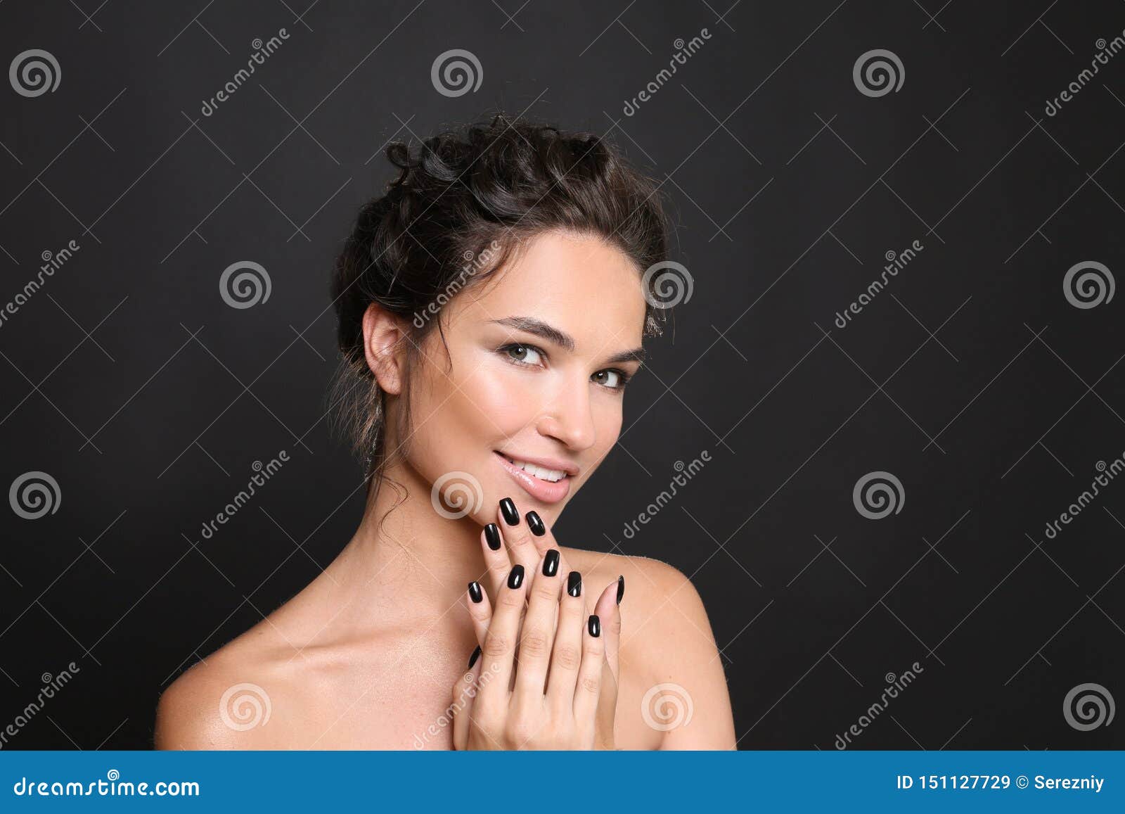 Fashionable Young Woman with Black Manicure on Dark Background Stock ...