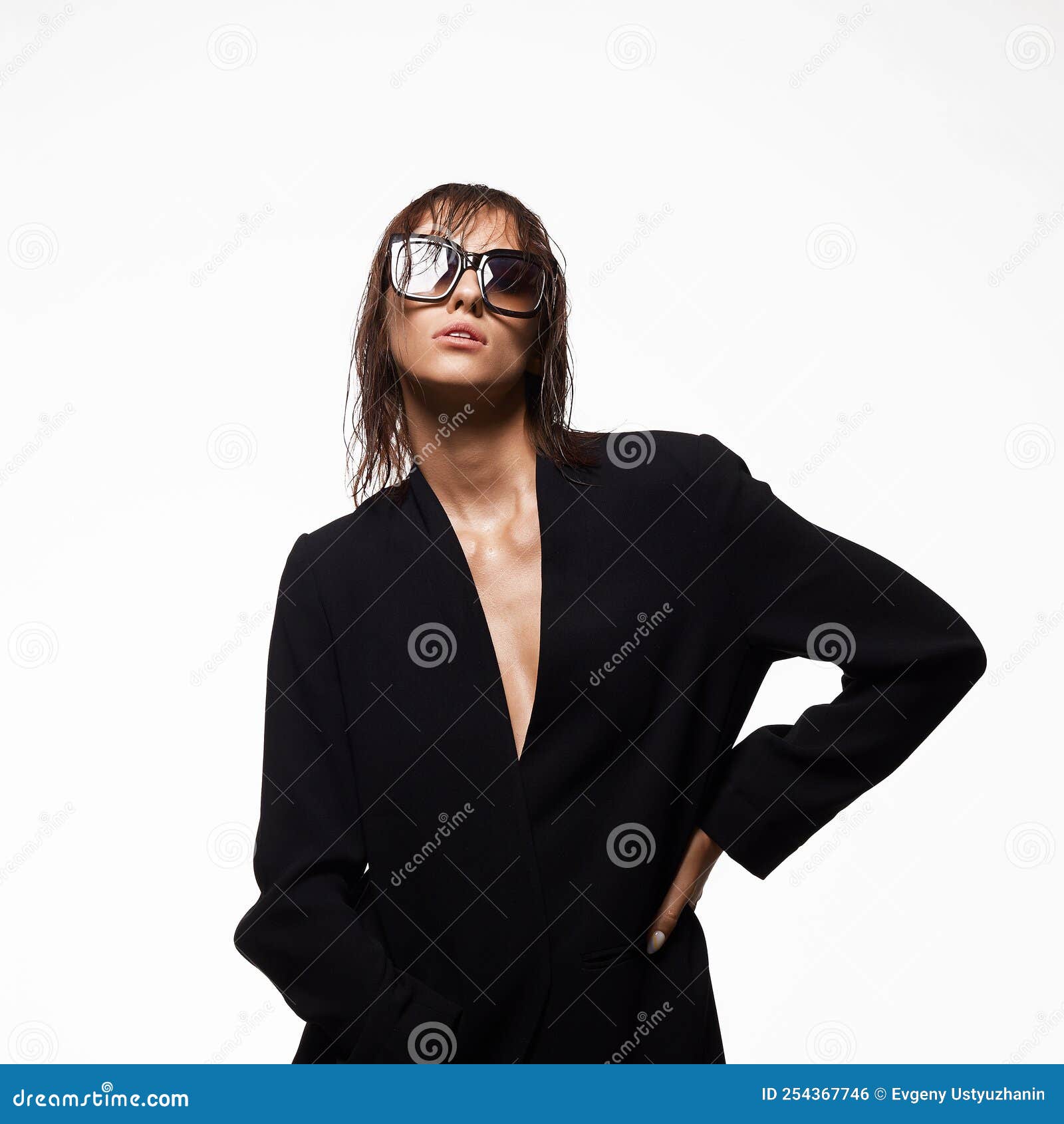 Fashionable Young Woman with Wet Hair and Trendy Glasses Stock Photo ...